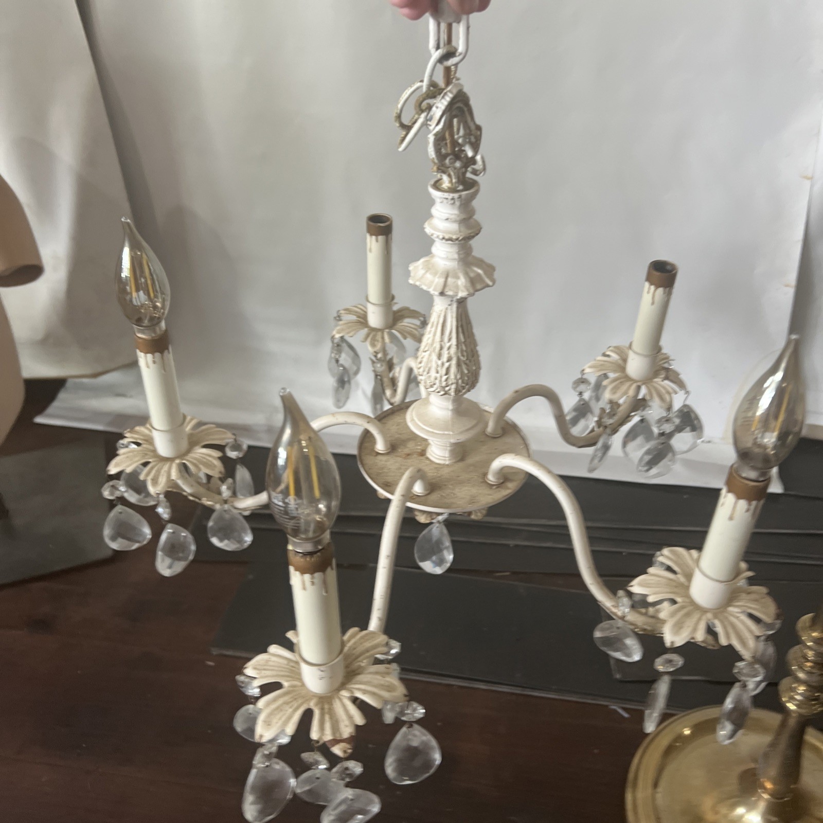 Vintage Antique 5 Lights Chandelier Brass Metal Crystals Spain