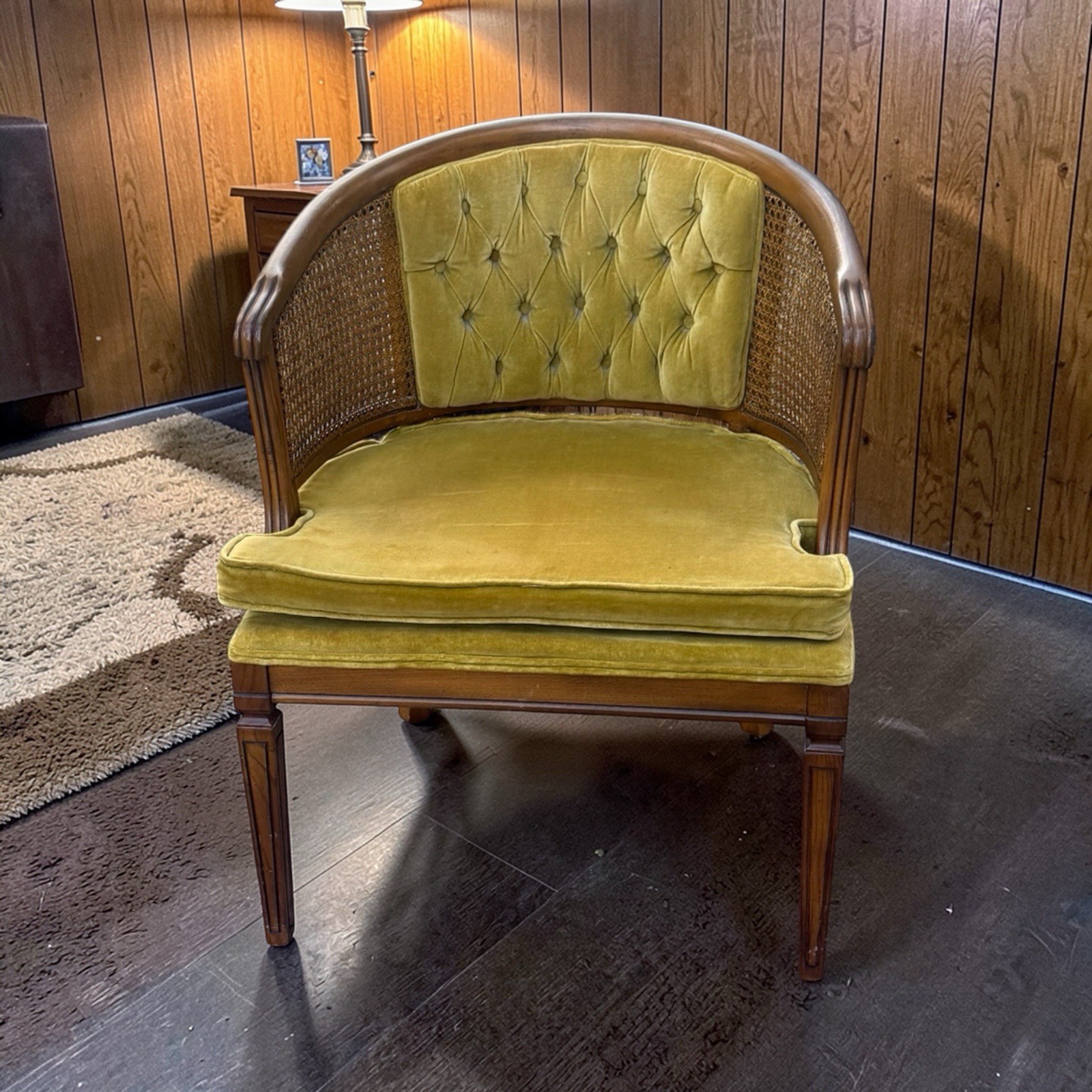 Vintage Mid Century Modern Barrel Back Chair Cane Yellow 60s 70s MCM