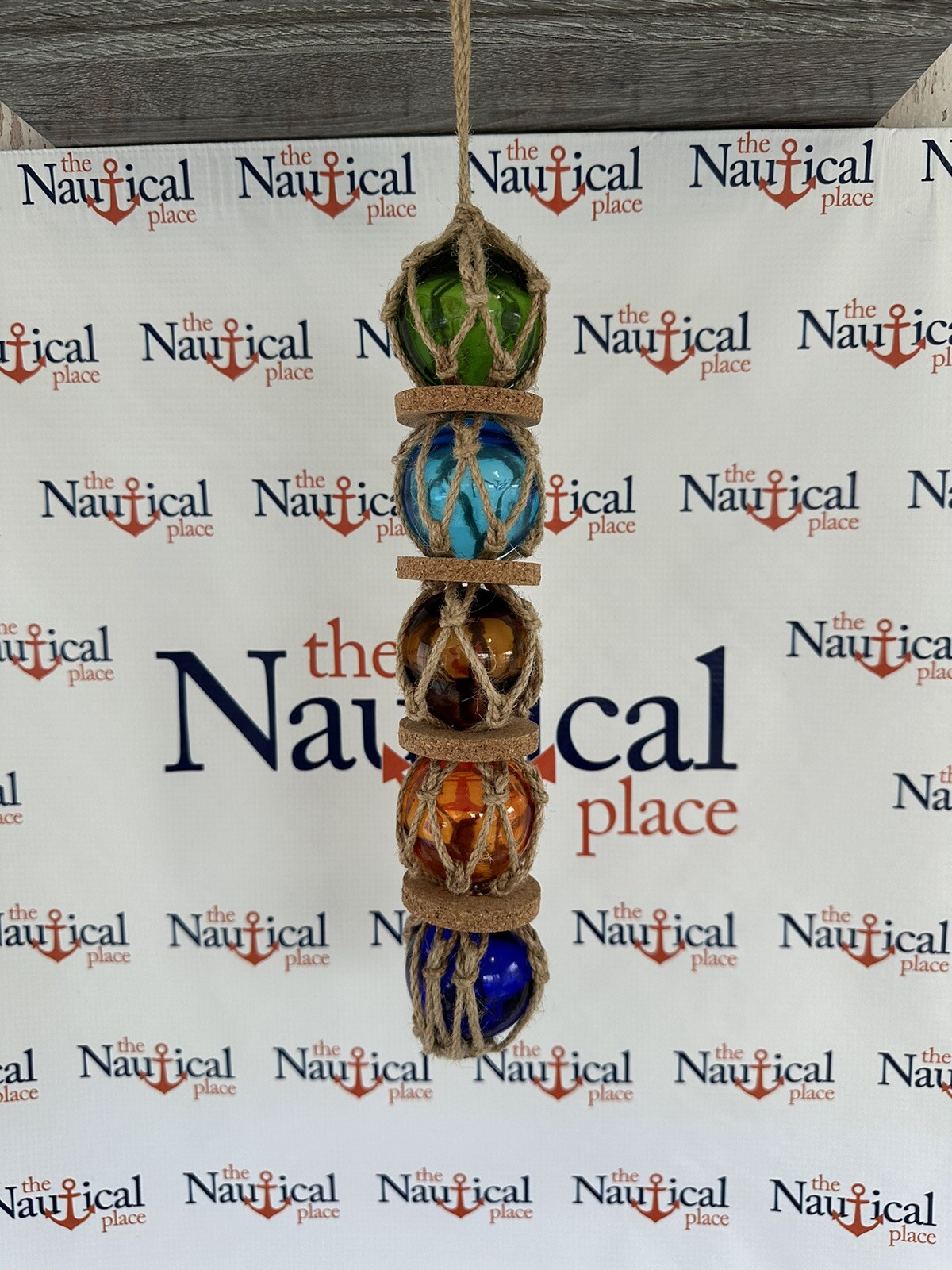 (5) 2″ Glass Fishing Floats On Rope ~ Nautical Fish Net Decor ~ Green Blue Amber