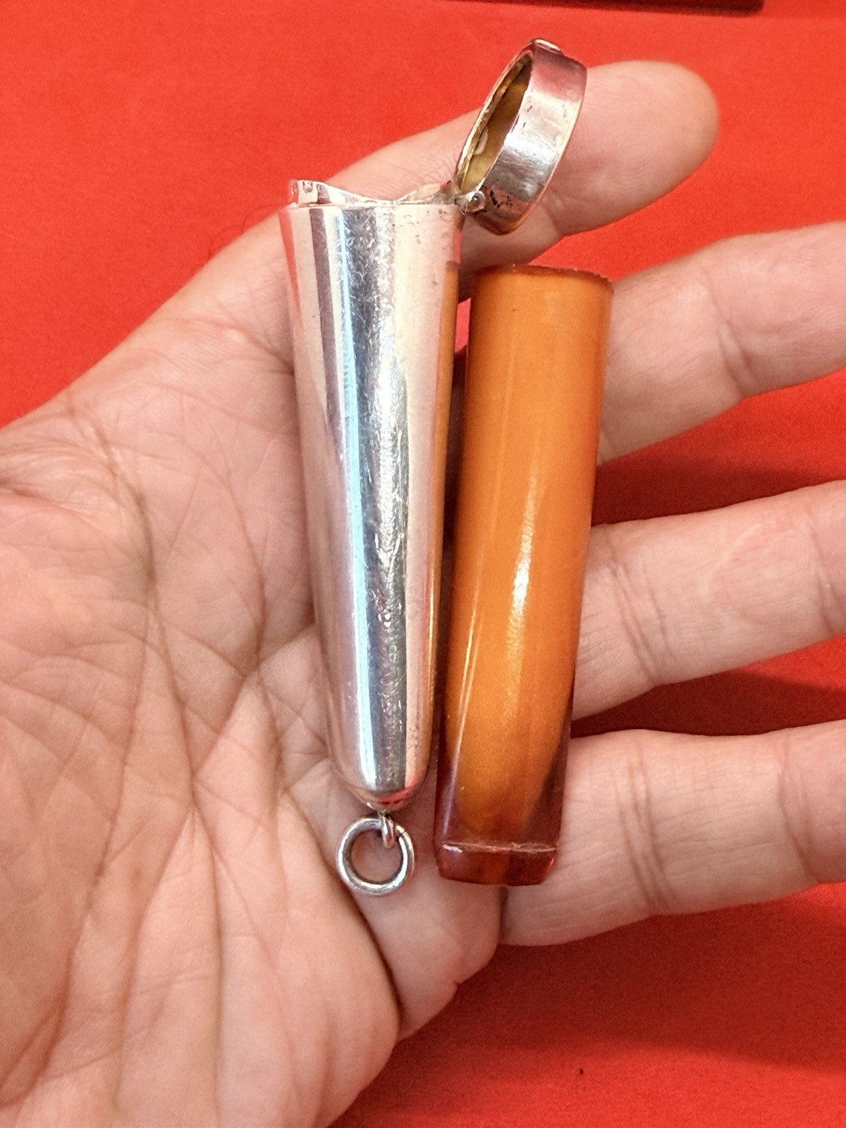 Antique Solid Silver CHEROOT Box Scotch Amber Pipe Cigare Holder Pendant Bir1898