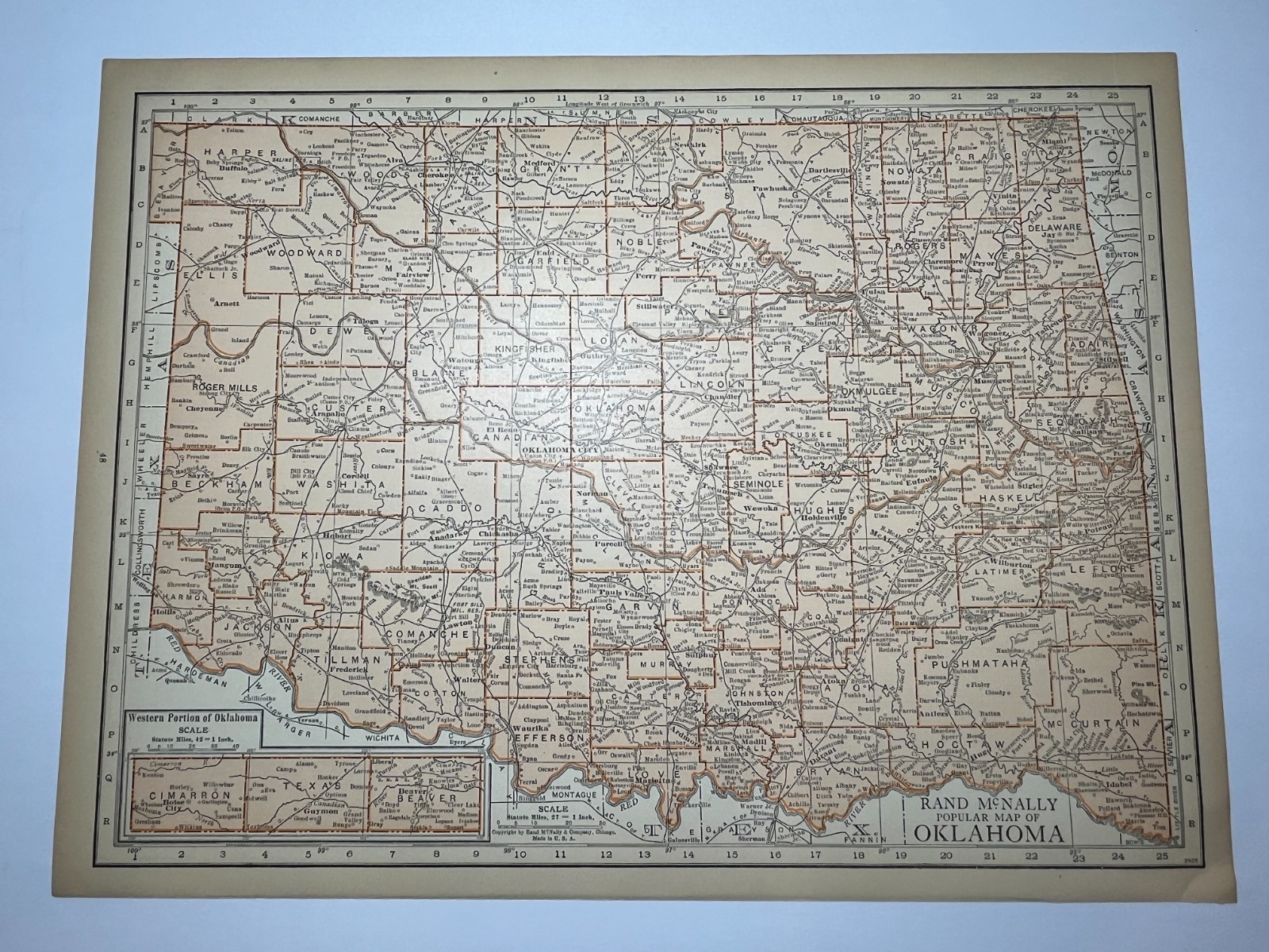 1925 “Copper” OKLAHOMA State Map fm 1925 Rand-McNally Atlas SEE DESCRIP