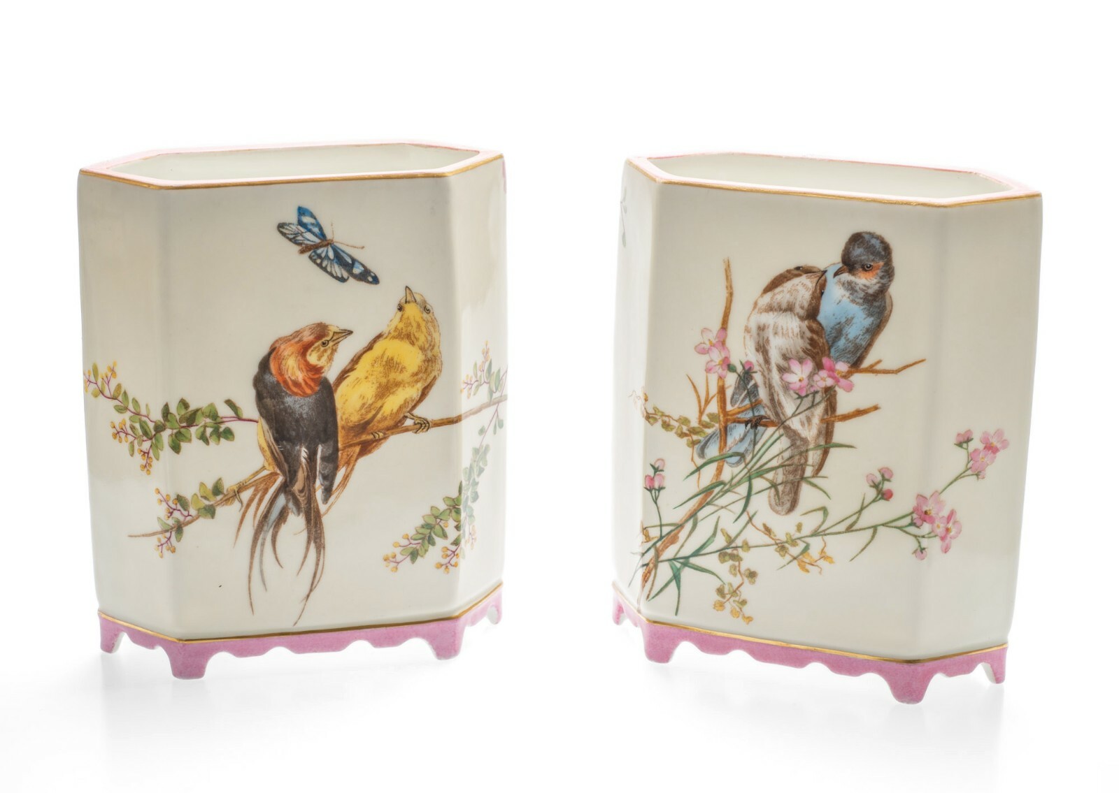 Pair Victorian Aesthetic Bird Vases – Hexagonal Mantle Vases – Antique – c1880