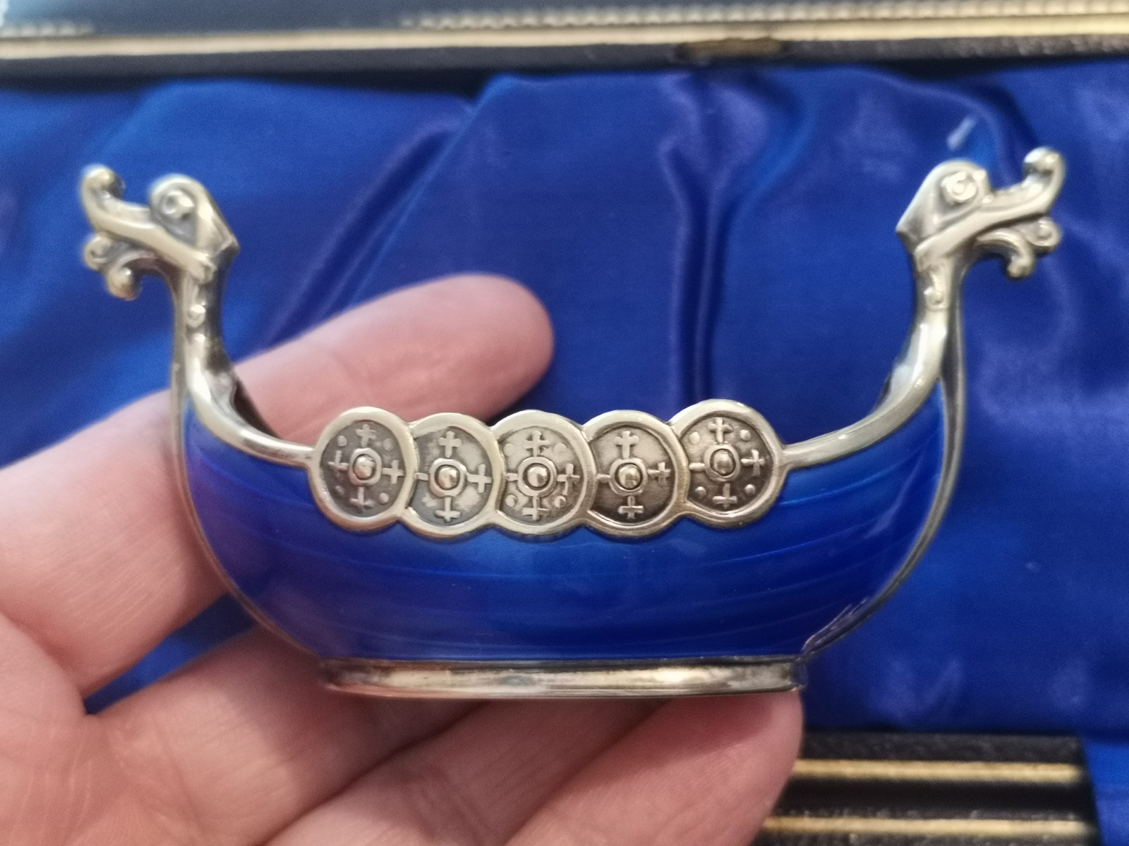 Norway Sterling Silver Blue Enamel Viking Boat Novelty Salt Magnus Aase C.1940