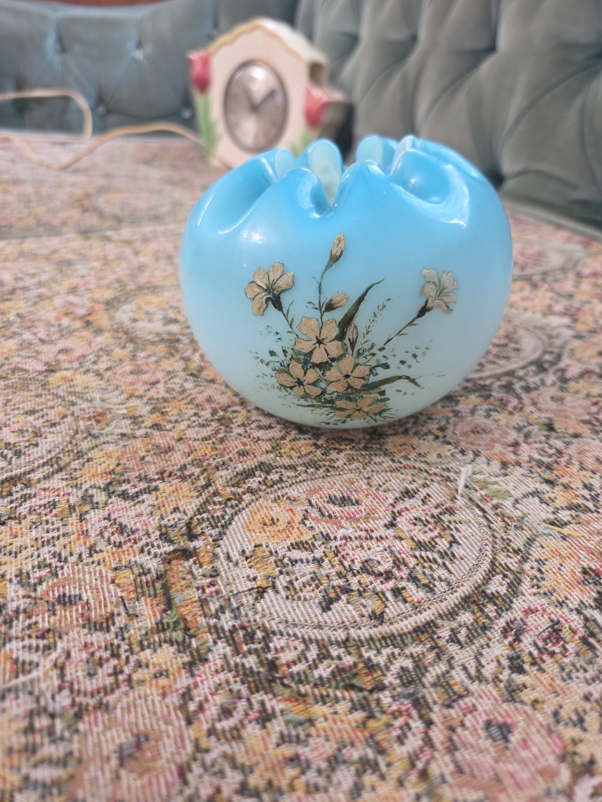 Victorian Blue Cased Glass Rose Bowl Hand-Painted Floral Enamel 19th C.