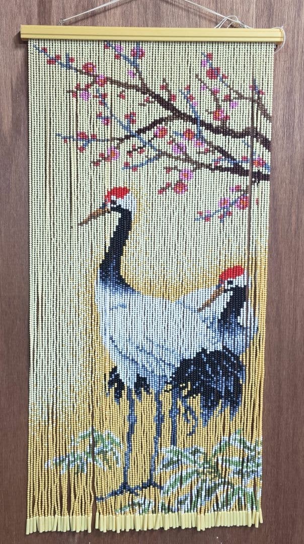 Japanese Vintage Beaded Curtain Noren Crane Cherry Blossom Showa Retro 86×47.5cm