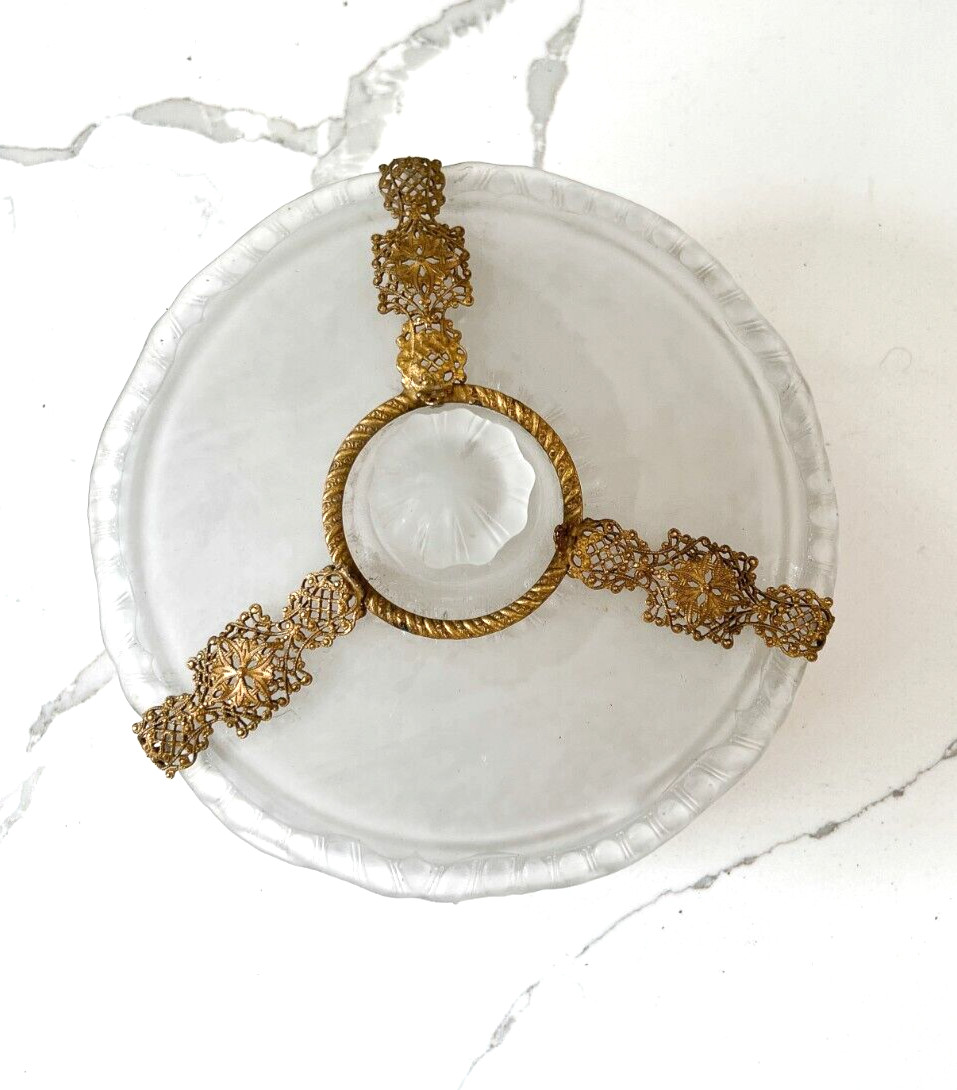 vintage Frosted Glass 3 Section Candy Dish wit Brass Details and Cover 1930s 40s