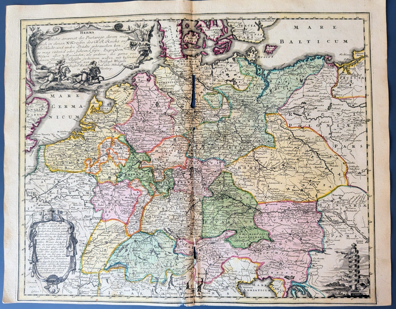 1718 Weigel Post Route Map Holy Roman Empire Germany, Benelux, Austria, Swiss
