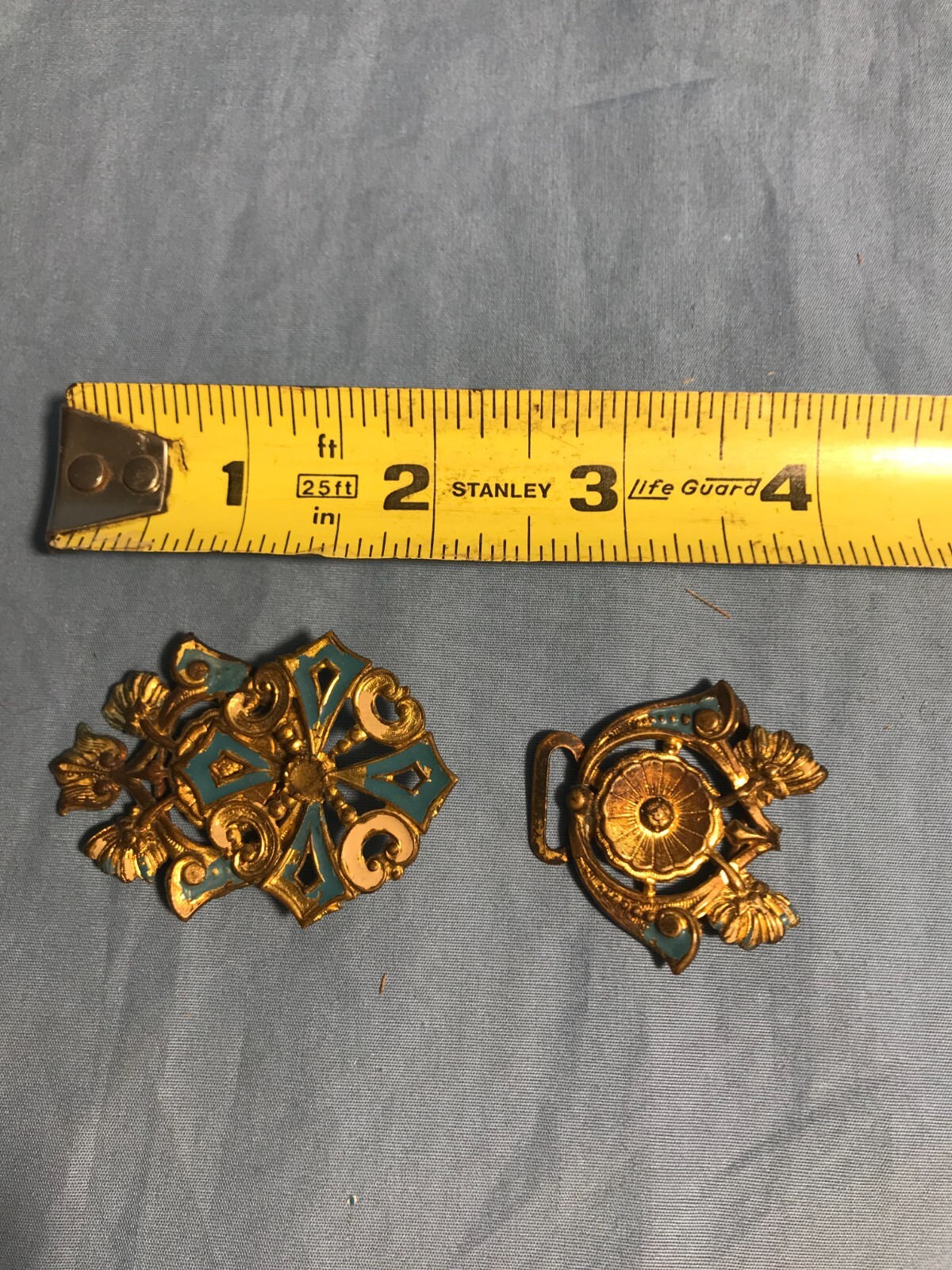 Antique Victorian Cloak Clasp Very Ornate with Brass and Enamel Paint