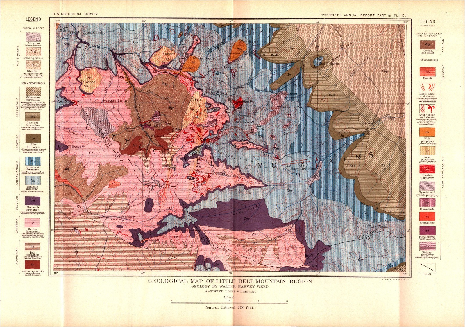 NEIHART, LITTLE BELT MOUNTAINS, STEAMBOAT MTN, MONTANA Antique geology map 1900