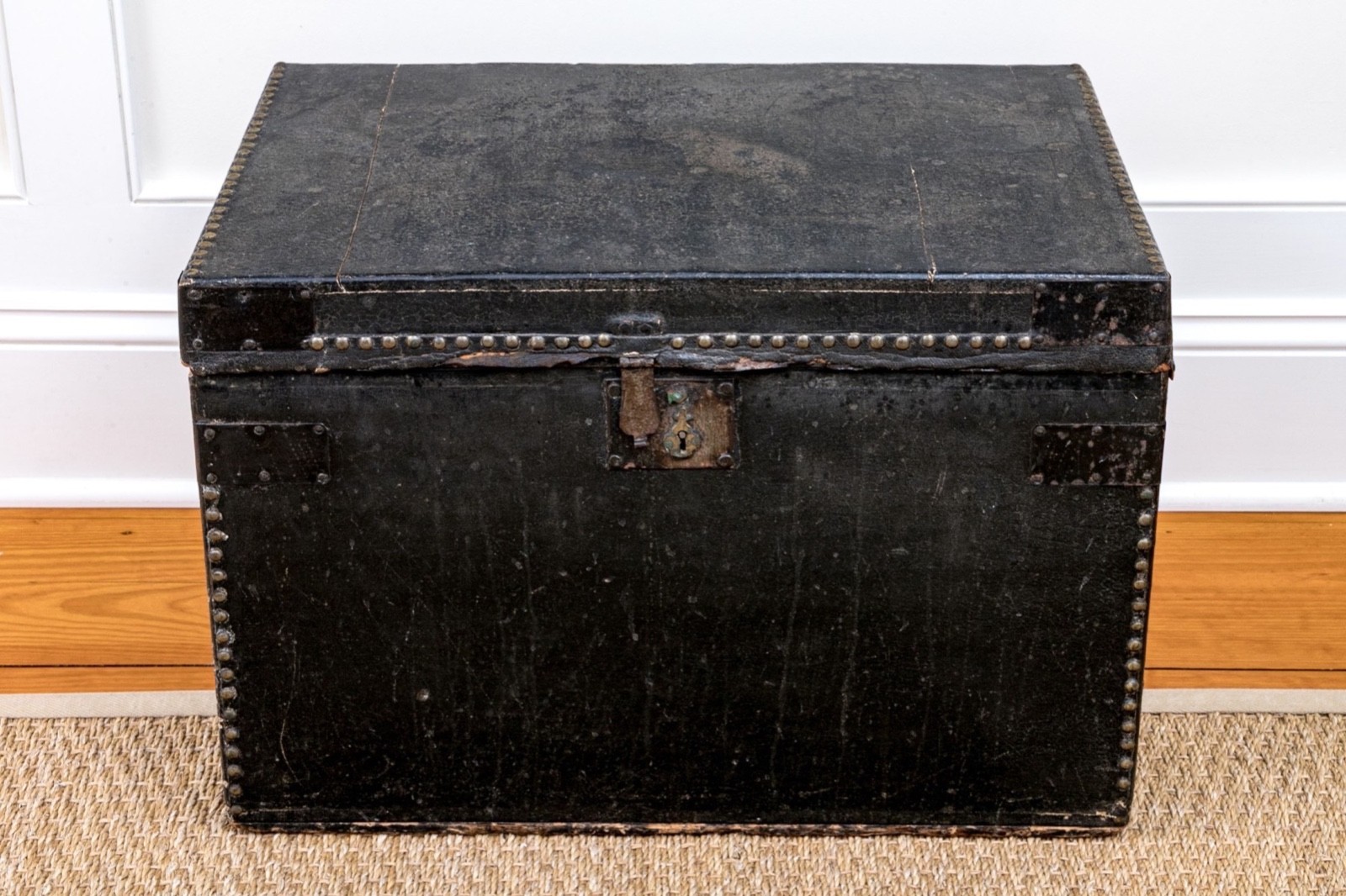 Antique Black Leather Stage Coach Traveling Trunk