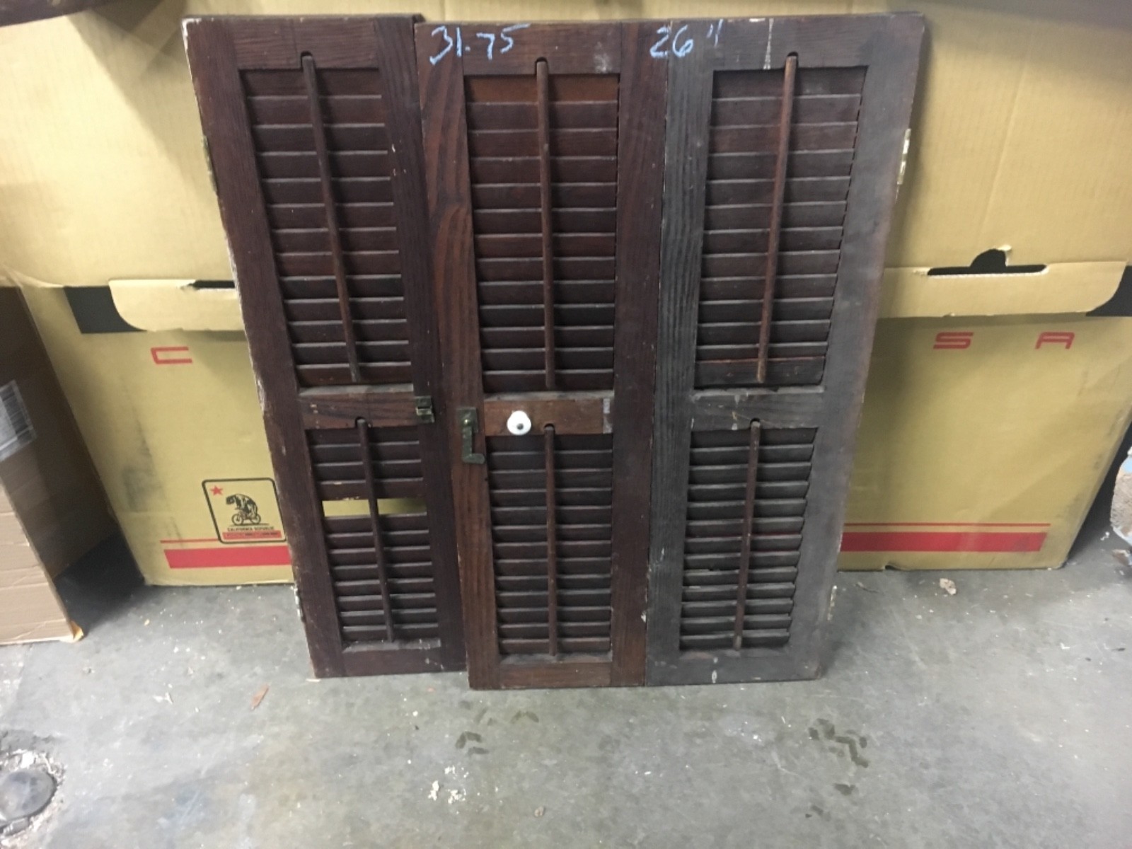 Set of VICTORIAN chestnut INTERIOR window shutters OLD varnish 31.75” h x 26” w