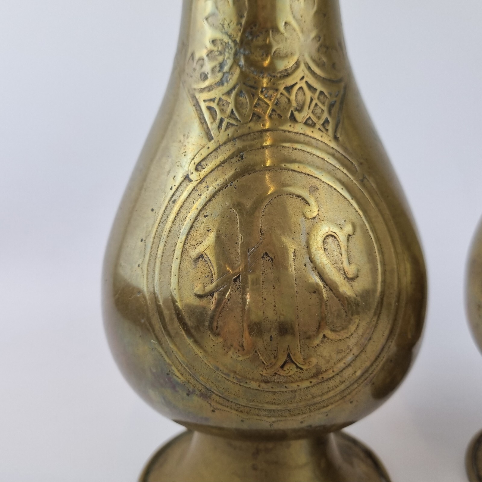 Antique Pair Brass Ecclesiastical Vases IHS Christogram 22.5cm High