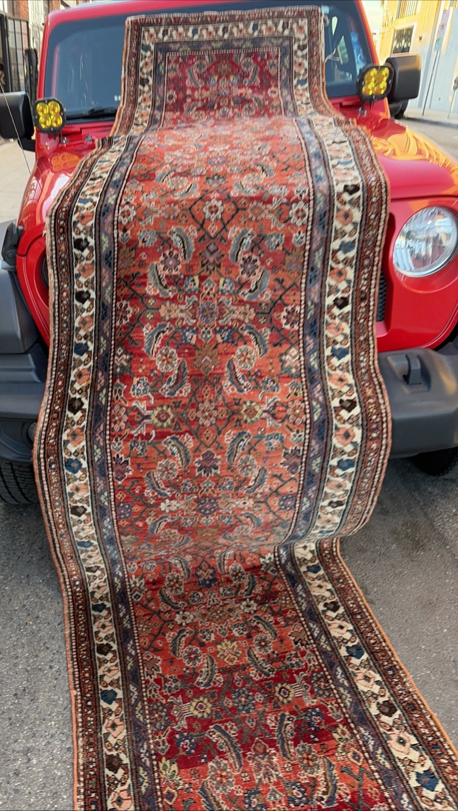 Auth: 19th C Runner Rare Herize Trans Caucasian Wool Beauty Sunset Red 3×14