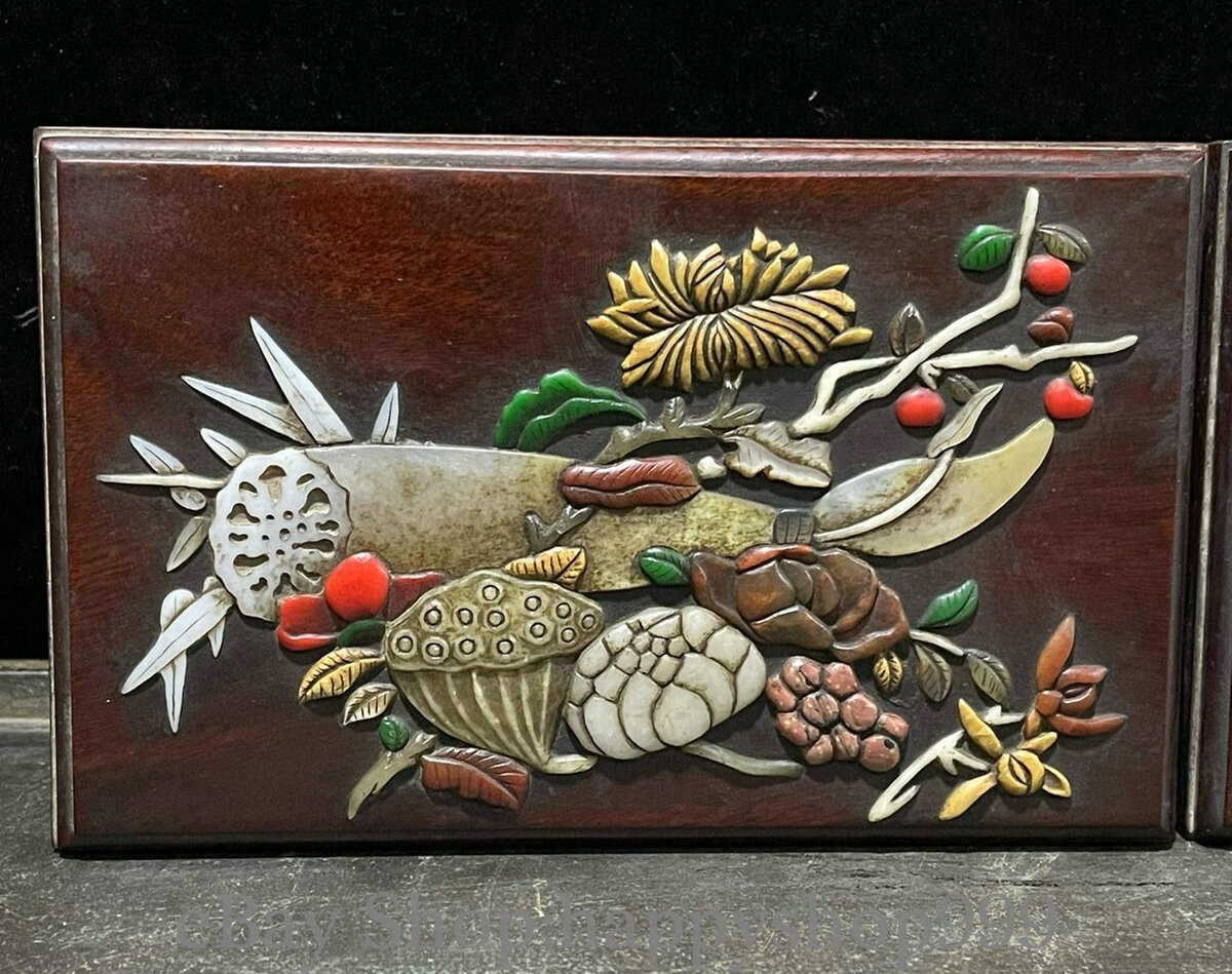 8.7″ Old Tibetan Rosewood Inlaid shells flowers fruits Jewelry Box Pair