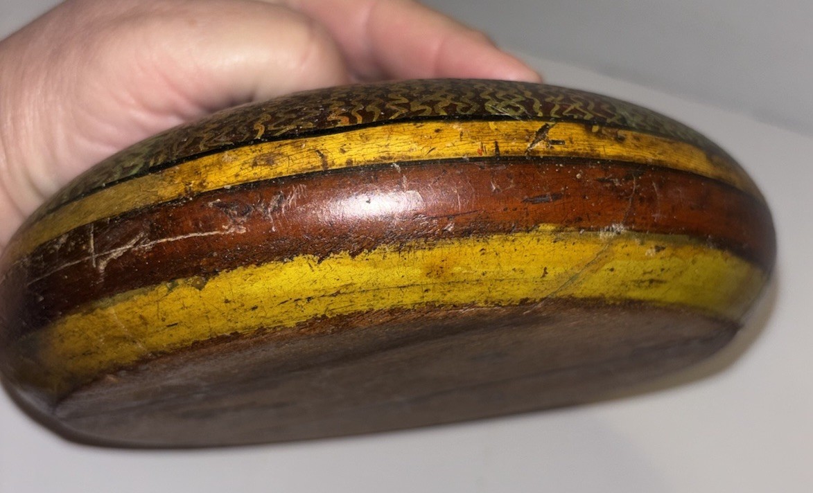 Vintage Wood Hand-Carved Old Tobacco Box. Colorful Stain w/Brass Top/No Lid EUC