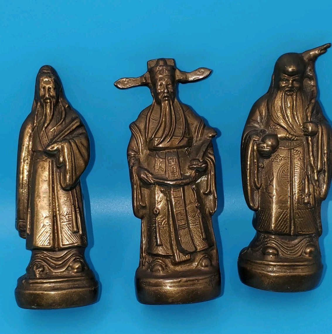 Antique Chinese Bronze Three Star Gods Fu Lu Shou Figures Set of 3 10cm H