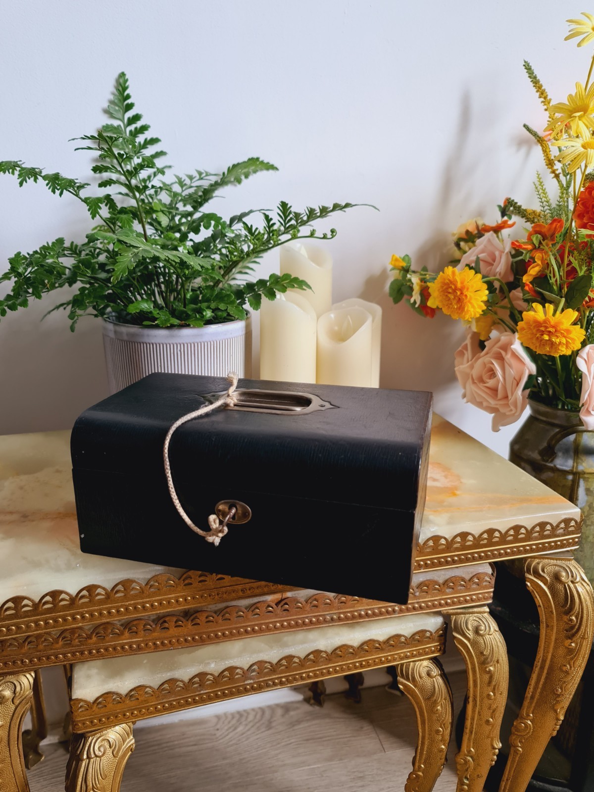 Antique Leather Trim Box Jewellery Trinket Case Victorian Black with Key