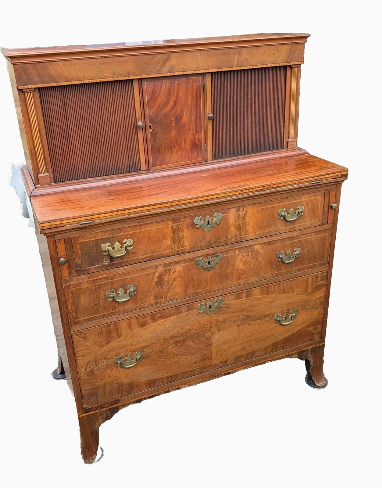 Antique 1790-1810 American Federal Mahogany Tambour Desk w/ Sprayed Feet