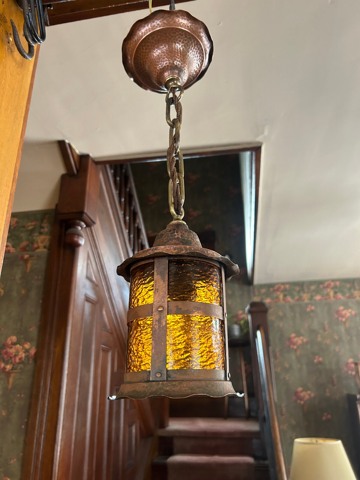 Arts & Crafts Hammered Copper Pendant Porch Light, Reclaimed, Free S/H