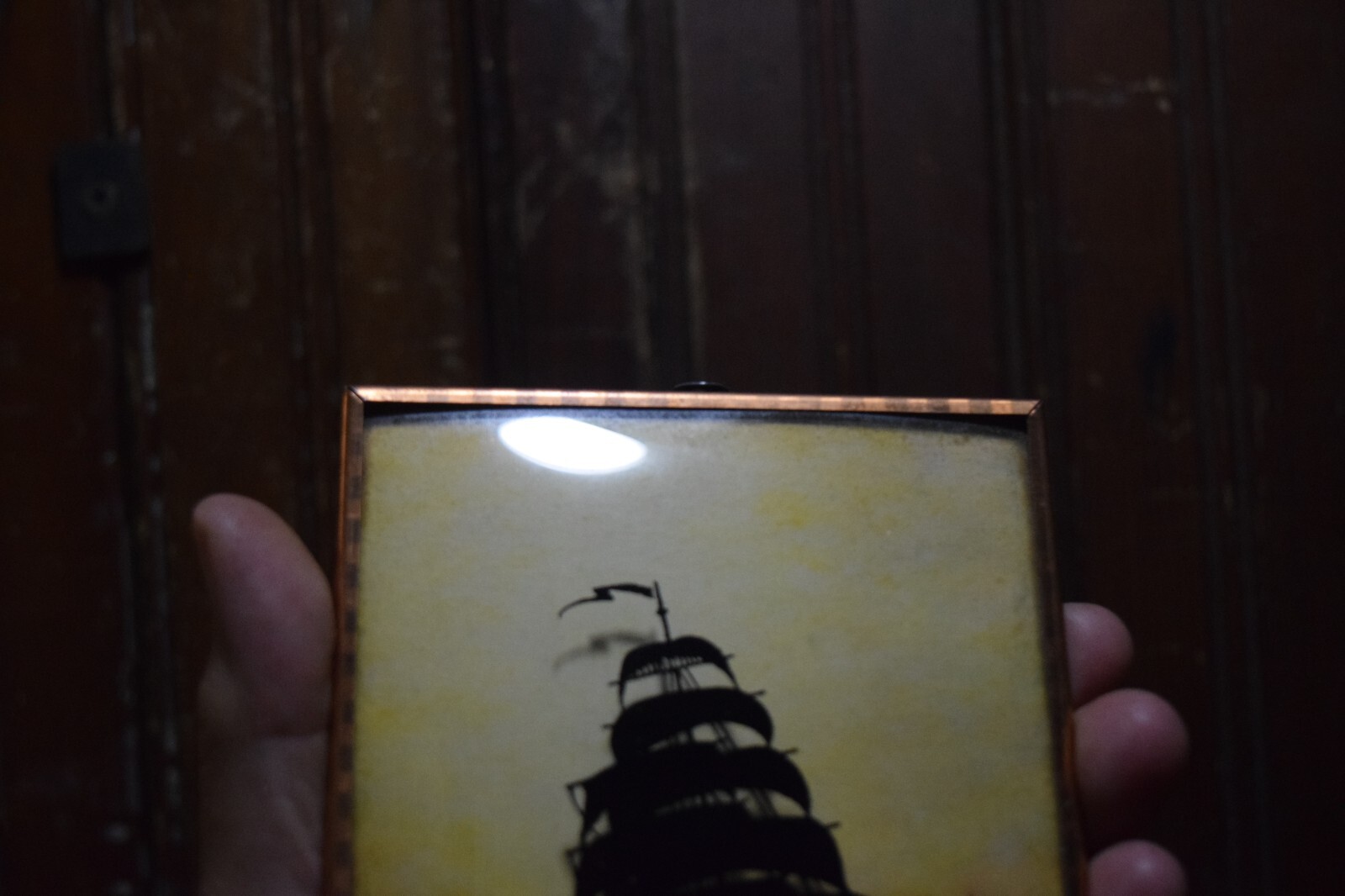 1910s CIRCA REVERSE PAINTED CONVEX BUBBLE GLASS PAINTING TALL SHIP LEAVING PORT