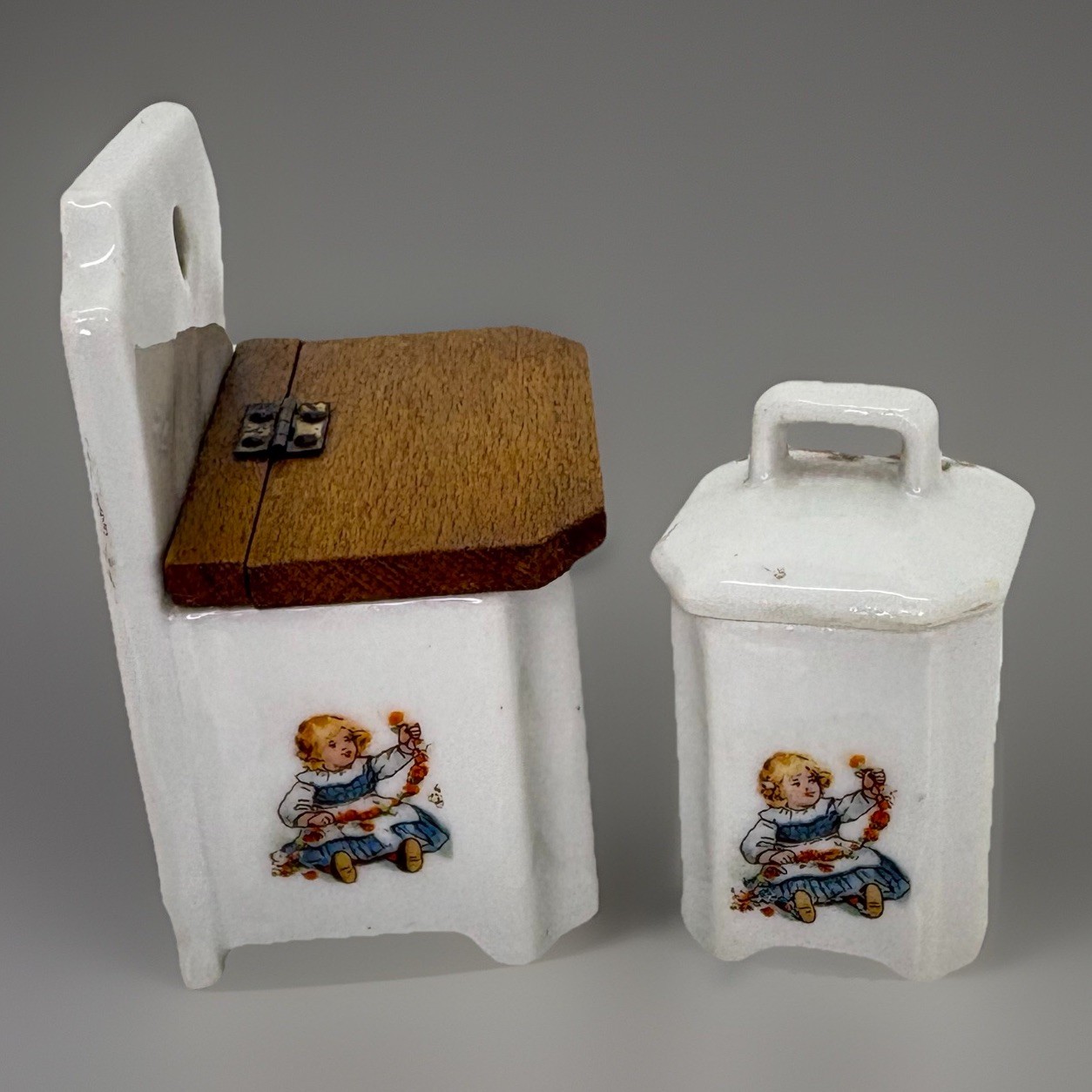 Antique German RARE Matching Salt Cellar Box Hinged Wooden Lid & Pepper Box