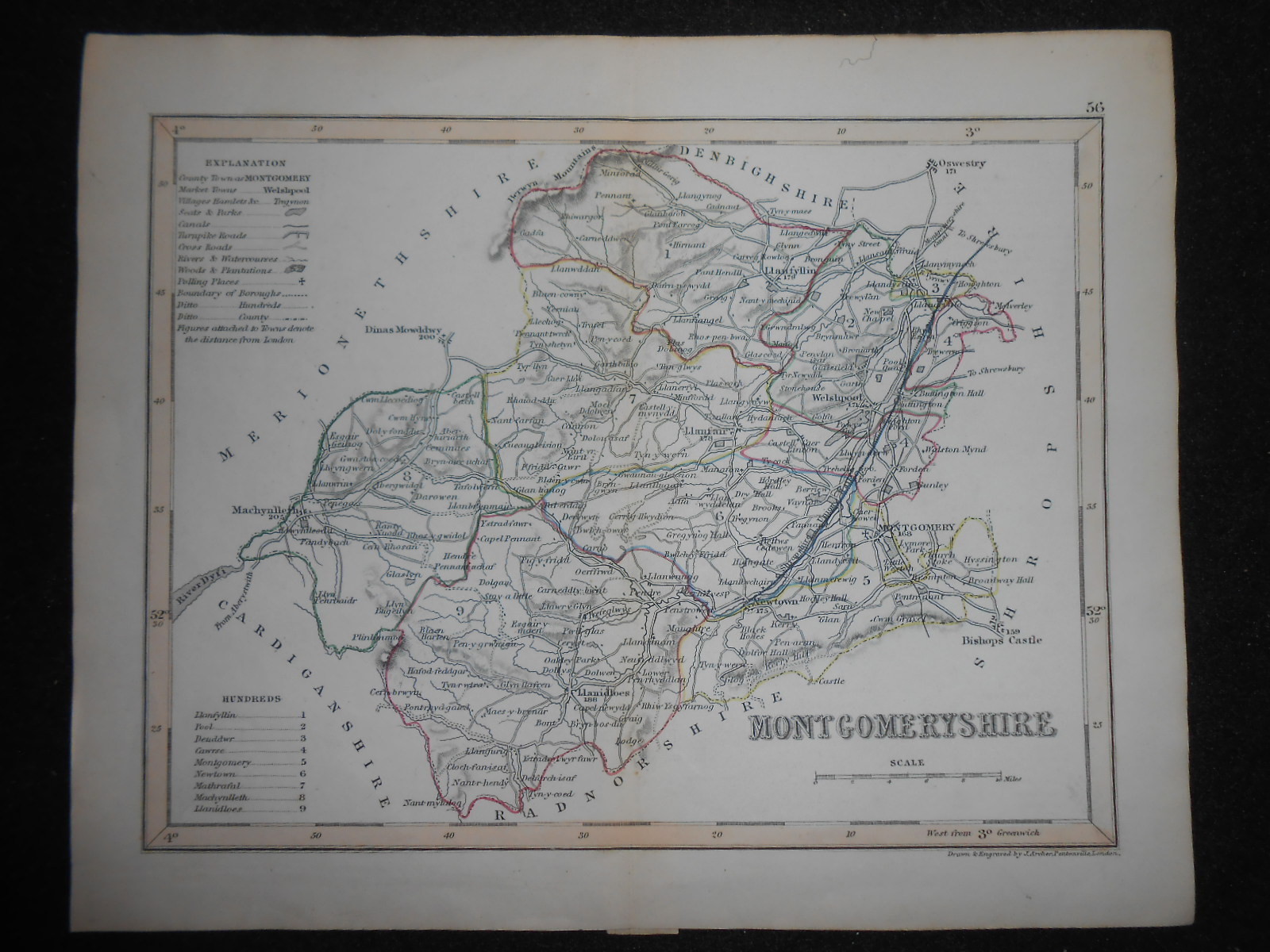 Original Antique Hand Coloured Map – Montgomeryshire (North Wales) c1850s/Archer