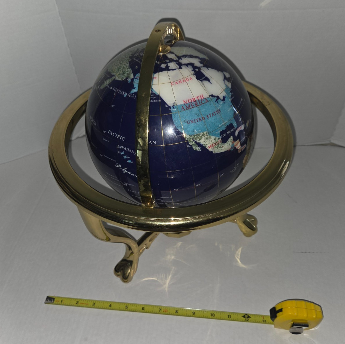 Vintage 14″ Blue Lapis Lazuli Gemstone Globe with Brass Stand and Compass