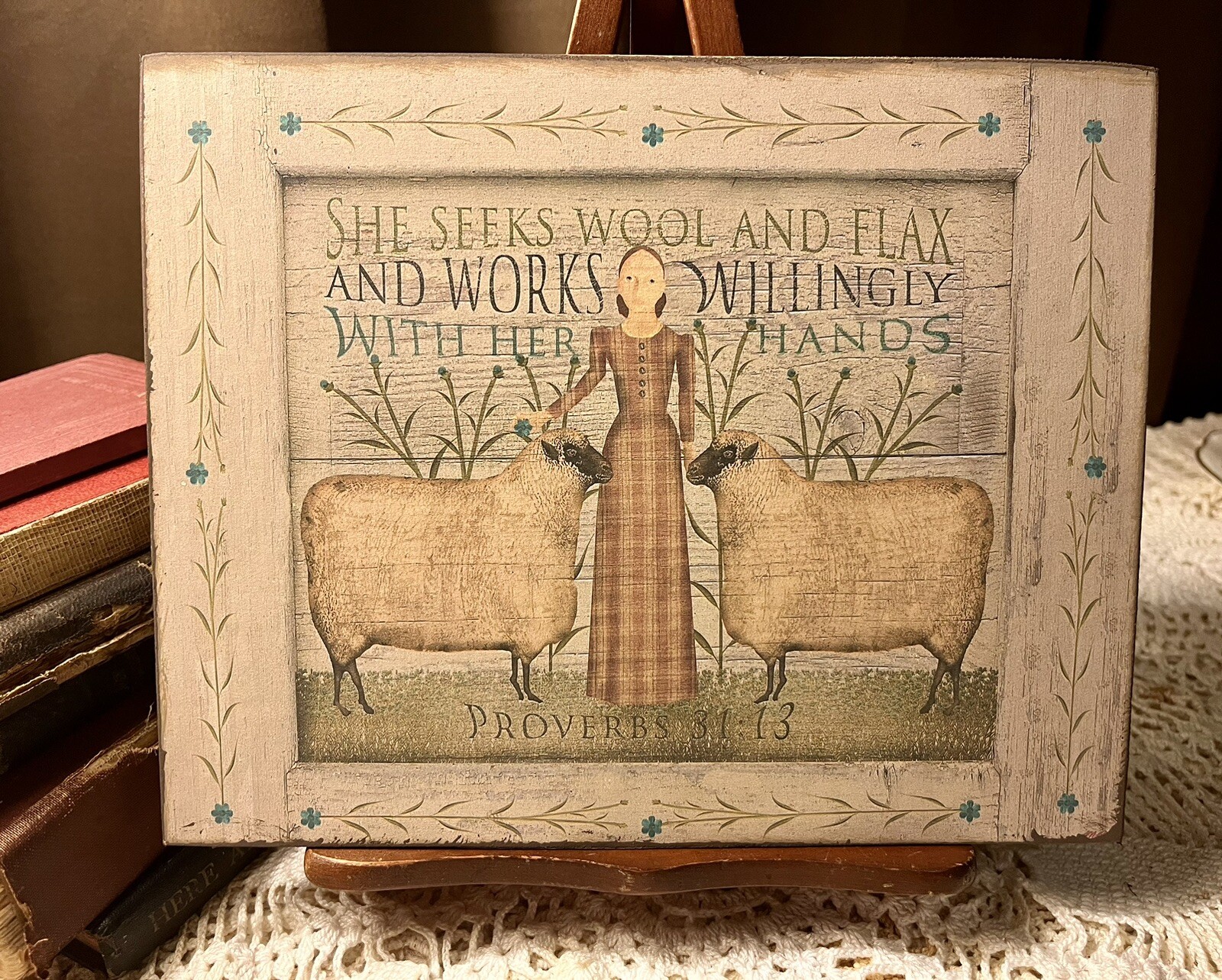 PRIMITIVE Folk Art, Sheep Woman, Wool & Flax, Artist Canvas Board Sign