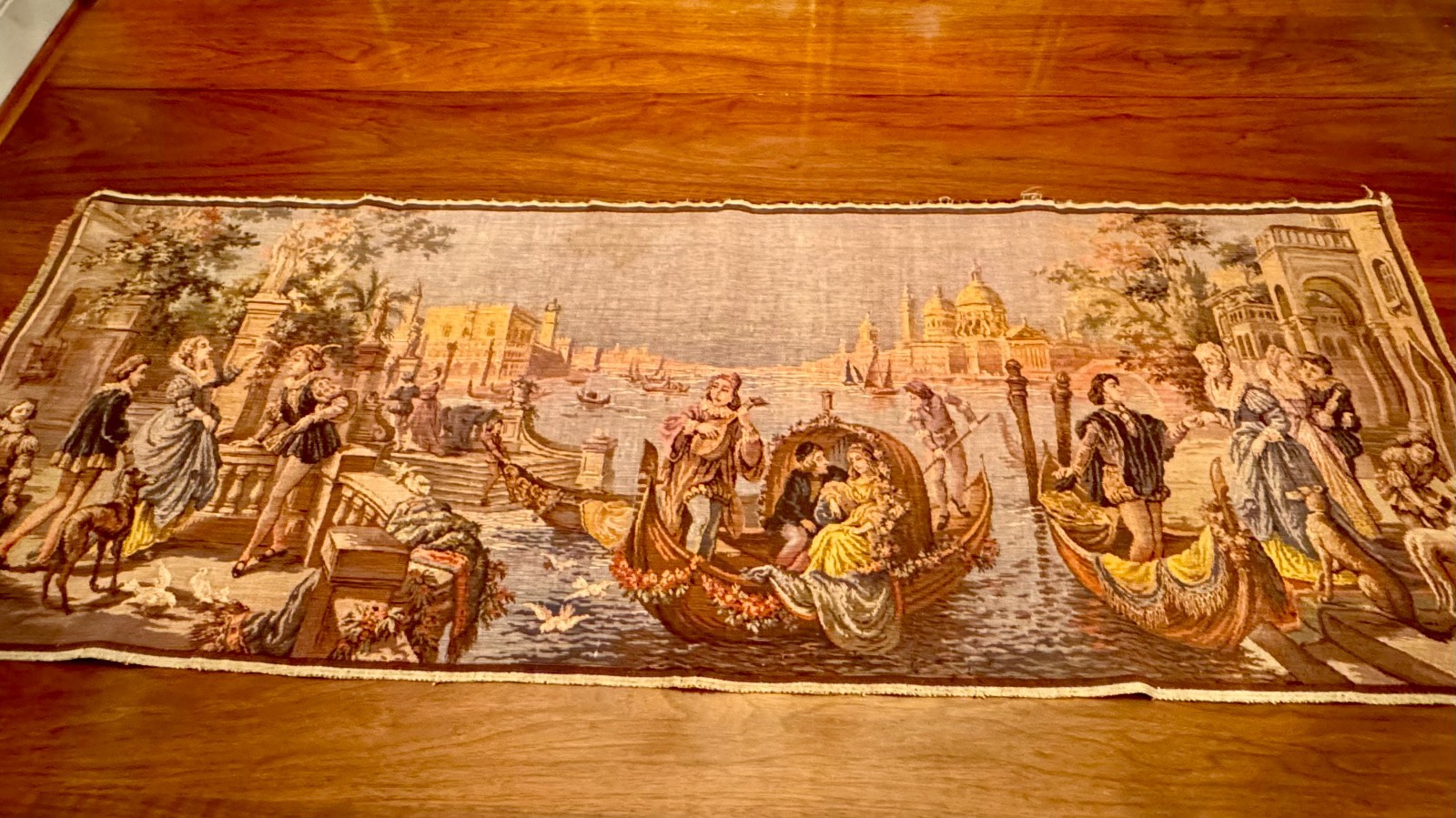 Antique Woven Belgium Tapestry Venetian Canal Scene 55 x 19 Unframed