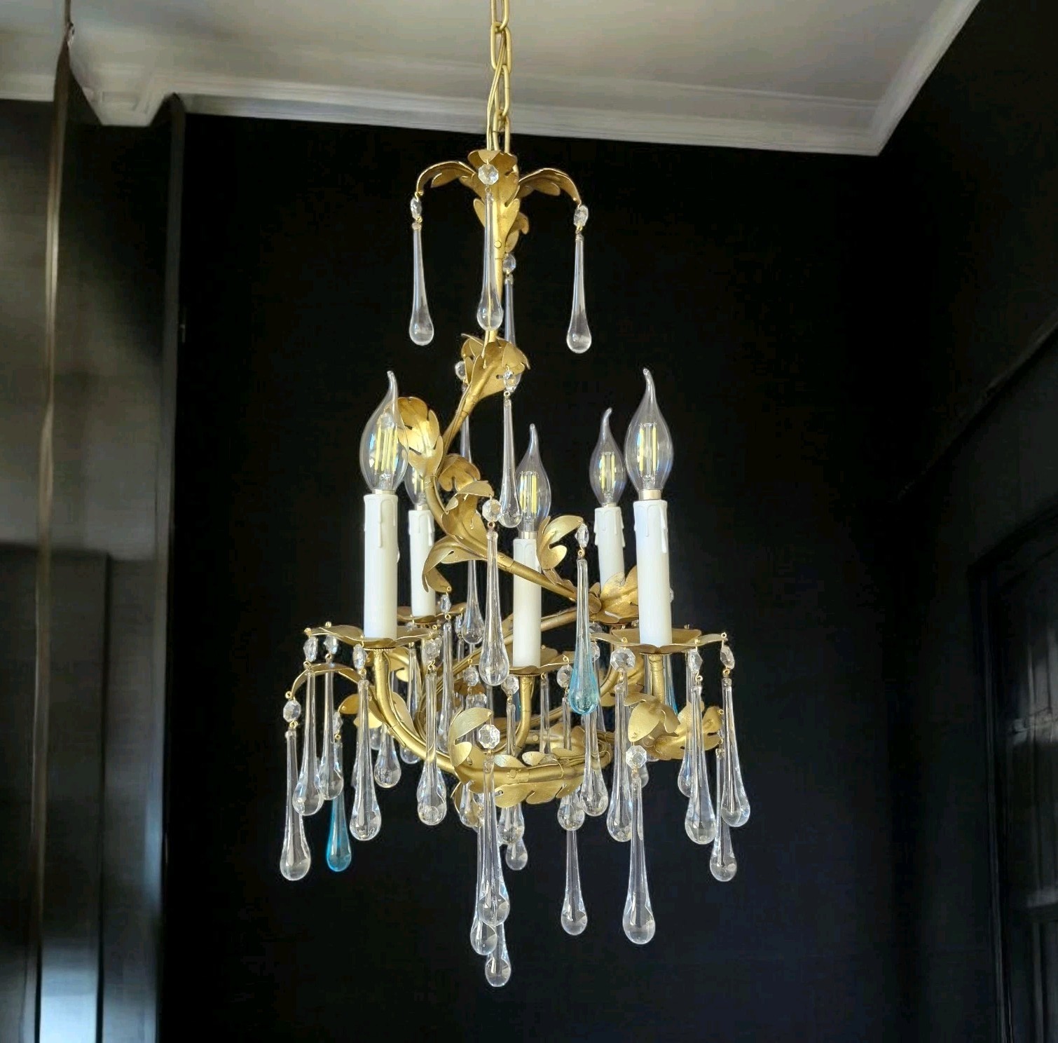 Vintage Chandelier Metal Iron & Murano Glass Ceiling Light 5 Lights Ø 15″in