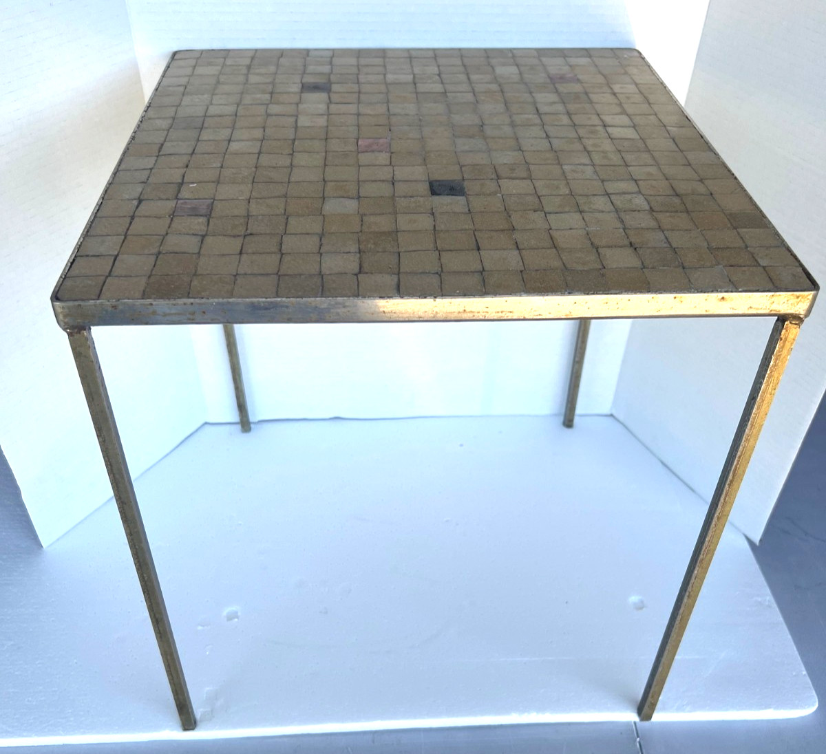 VTG 1950-60’S MINI TILE TOP TABLE FRAMED AND METAL LEGS 16T X 15, MID CENTURY