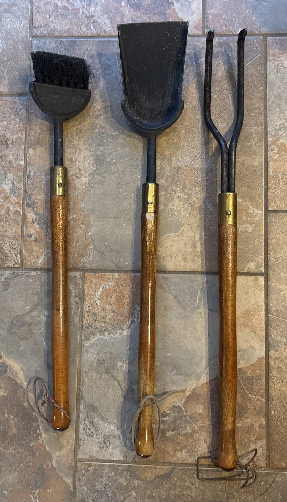 Vintage Heavy Duty Mid-Century MCM Fireplace Tool Set Wood Iron Brass