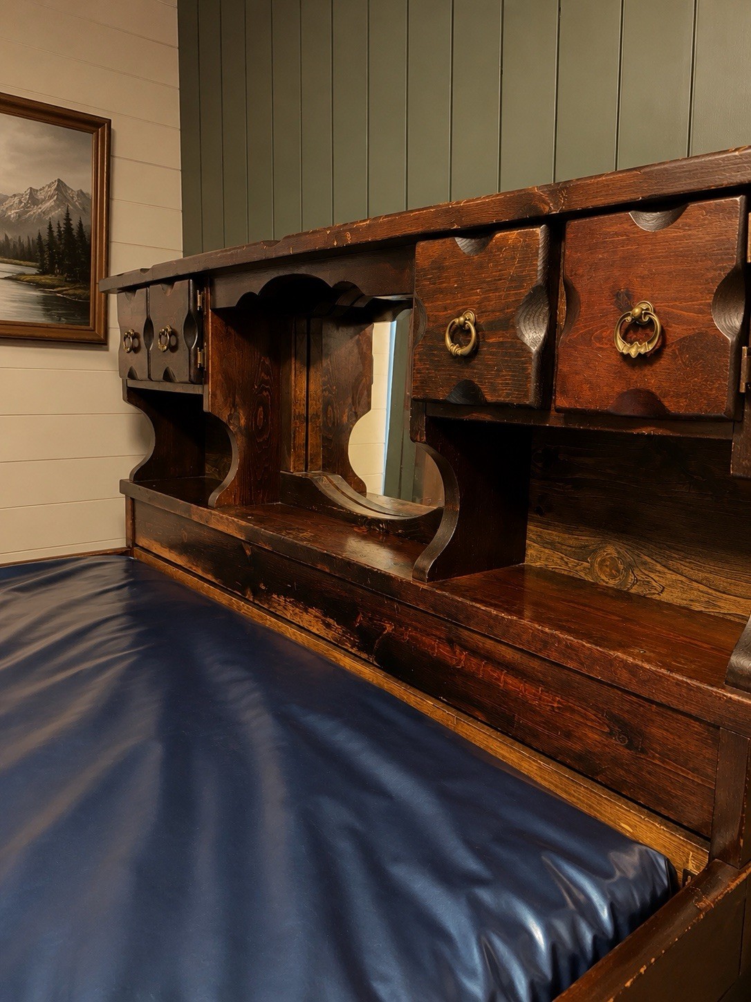 Antique Wood Bed Frame Full w/ 6 Drawers, Mirrored Headboard,Free water Mattress