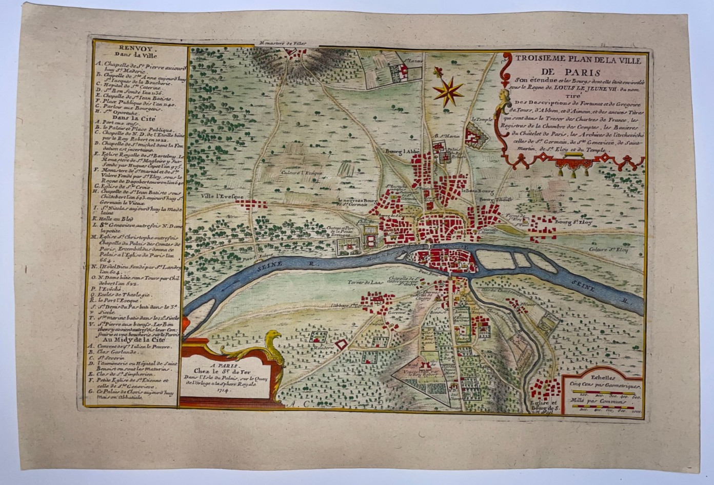 PARIS THIRD PLAN 1714 FRANCE NICOLAS DE FER RARE ANTIQUE CITY MAP 18TH CENTURY