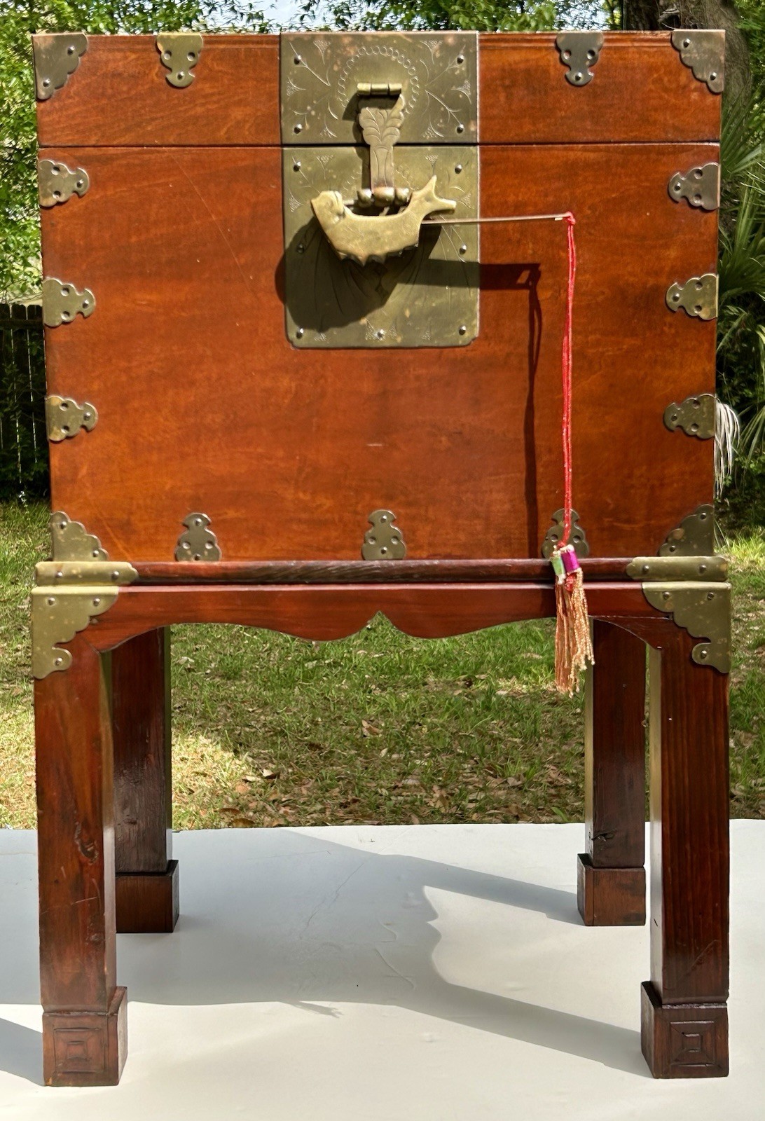 Vintage Korean Bandaji Style Chest On Stand w/ Ornate Brass Hardware, Lock & Key