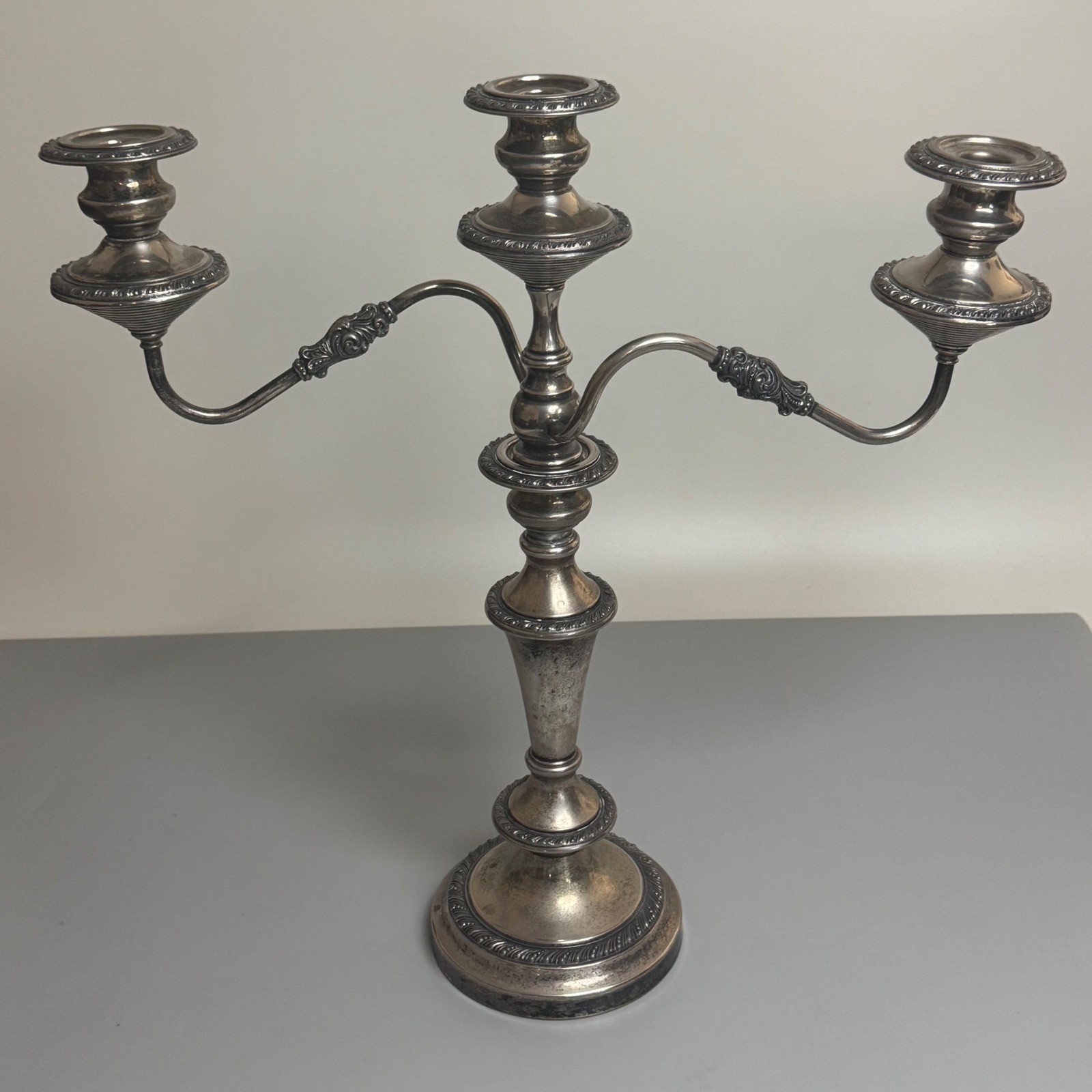 Vtg Silverplate 3 Light Convertible Candelabra Weighted Ornate 19″ Candle Holder