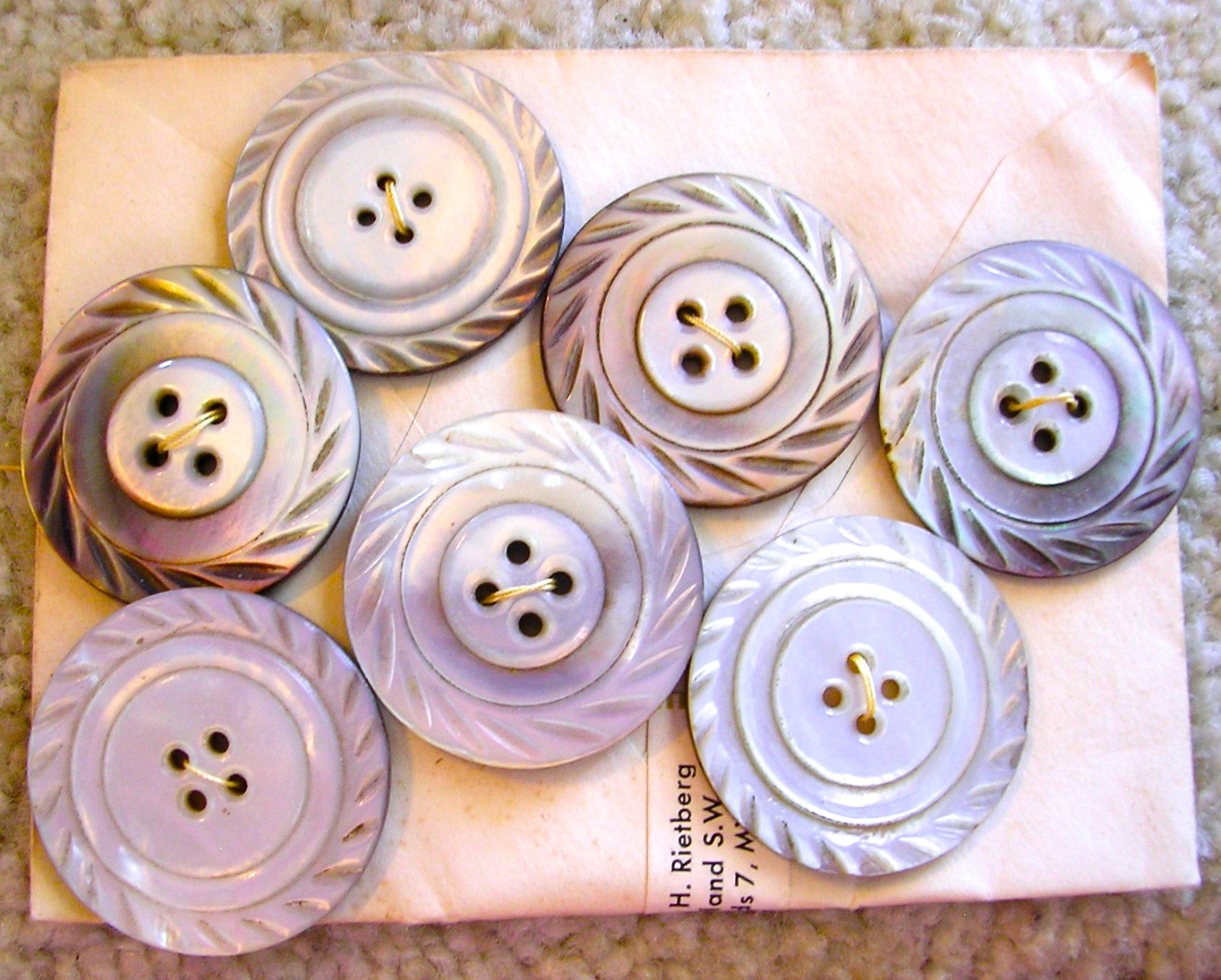 Exquisite set of 7 matching antique carved shell buttons
