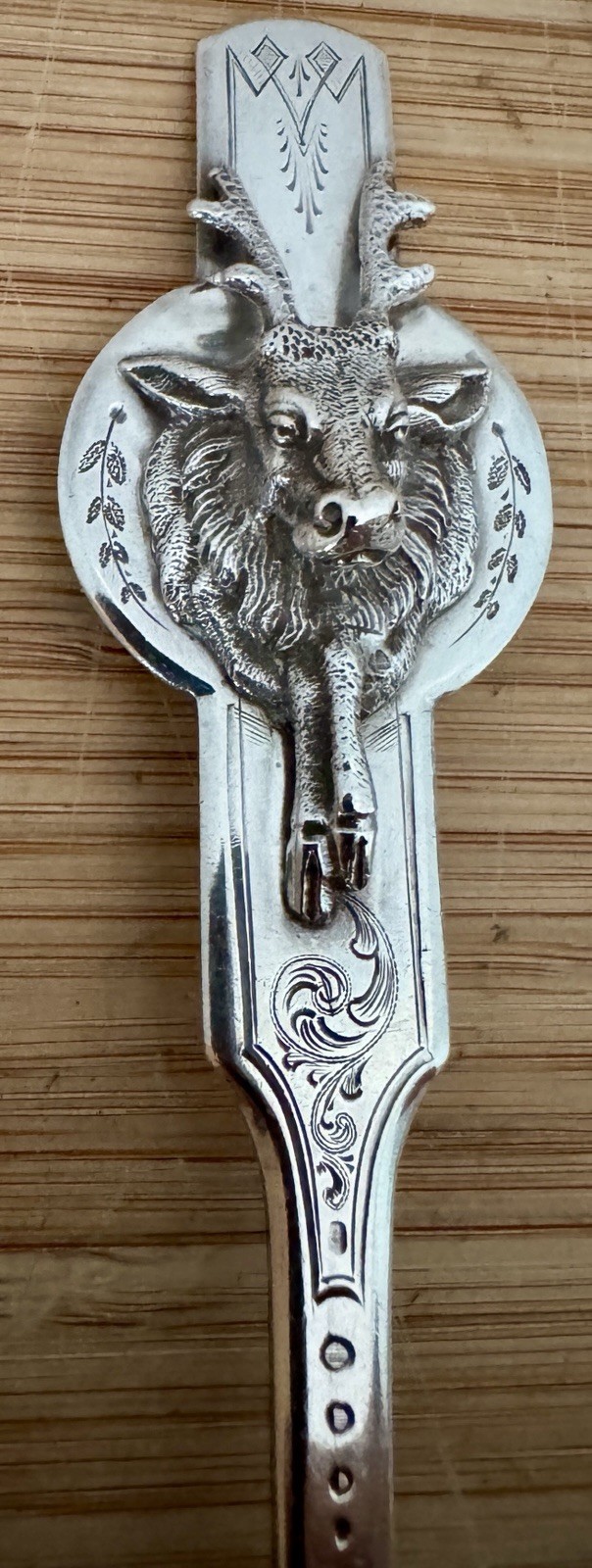 RARE GEORGE SHARP STERLING FIGURAL SAXON STAG WITH LEGS 8 5/8″ BERRY SPOON 1865