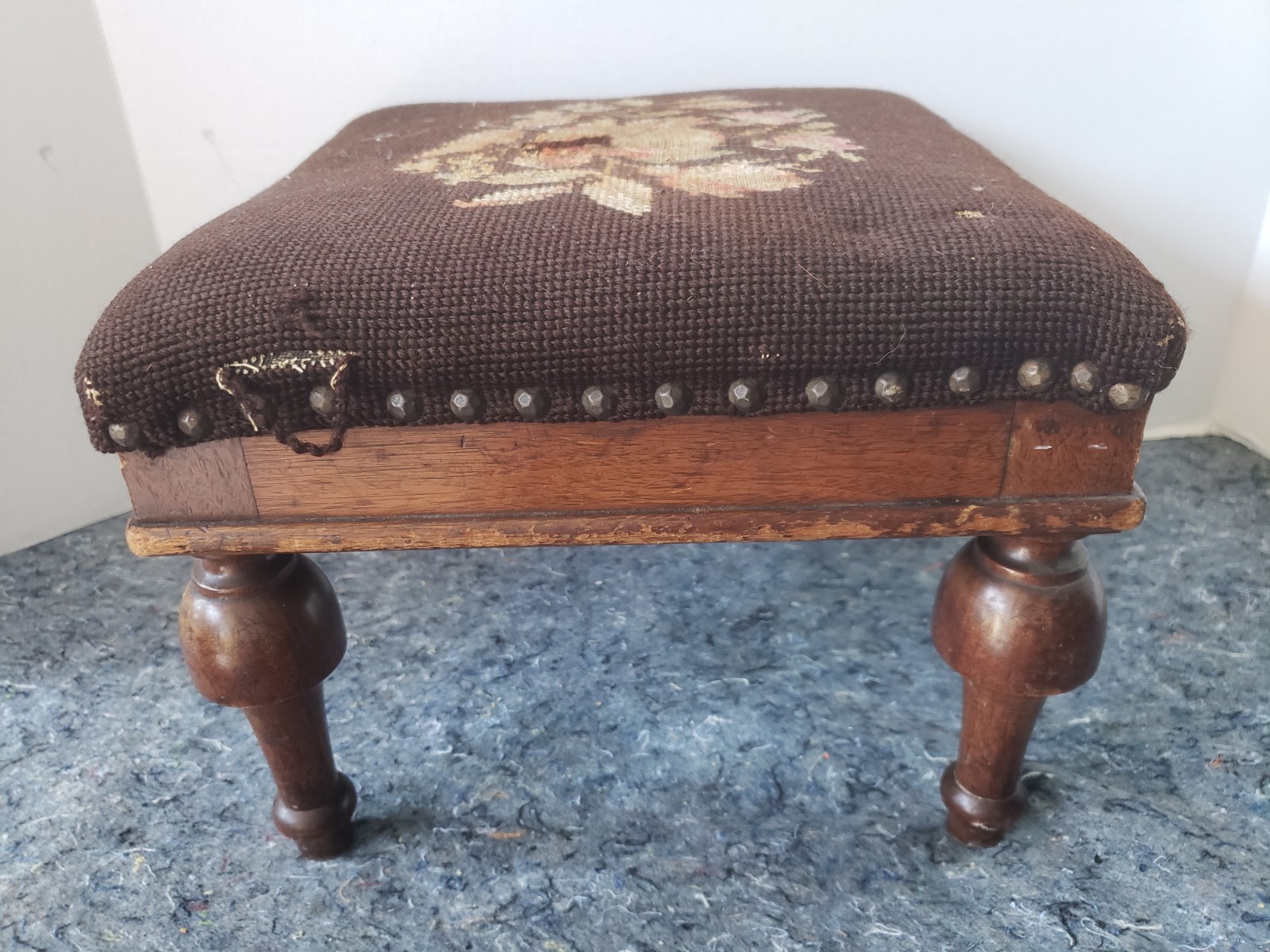 Victorian Mahogany Footstool Step Stool Needlepoint Upholstery