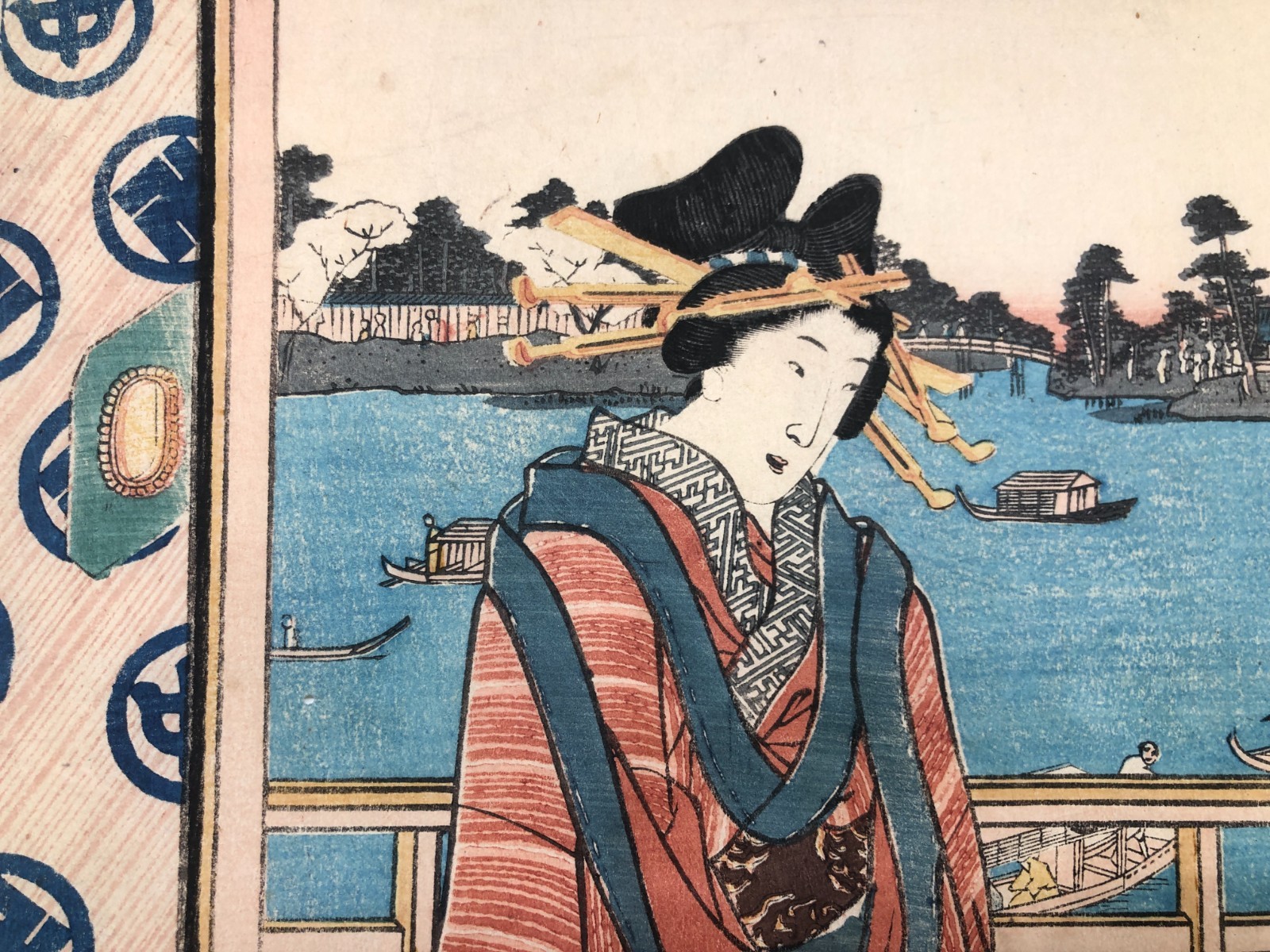 Toyokuni Woodblock Print: Tale of Genji? Beauty on balcony