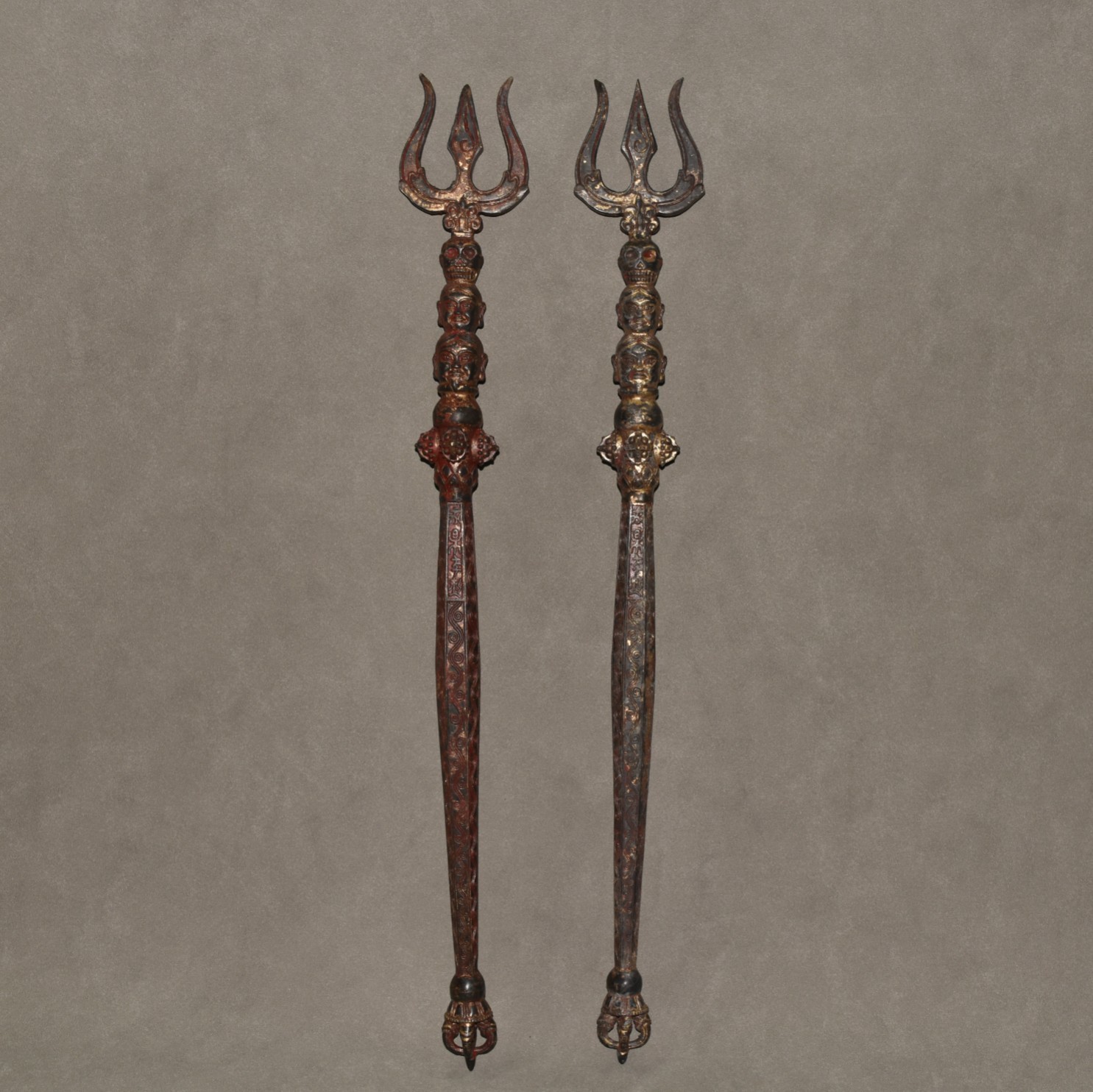 Early collection of pure copper, red rust, trident divine staff artifact