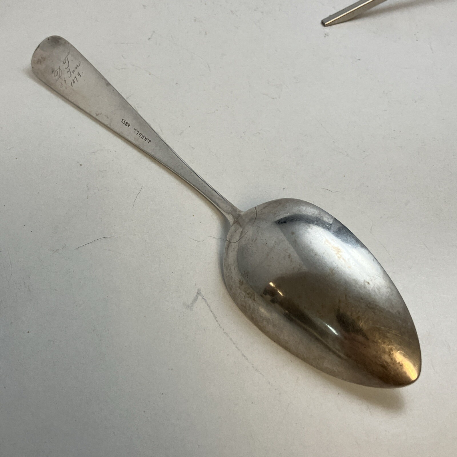 c. 1879 German 9” Serving Spoon .685 Silver J.Kroll 685S Personalized 52.8g