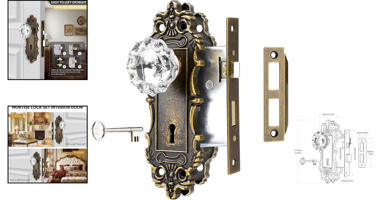 Antique Brass Glass Door Knob Set with Mortise Lock for Interior Doors, Vinta…