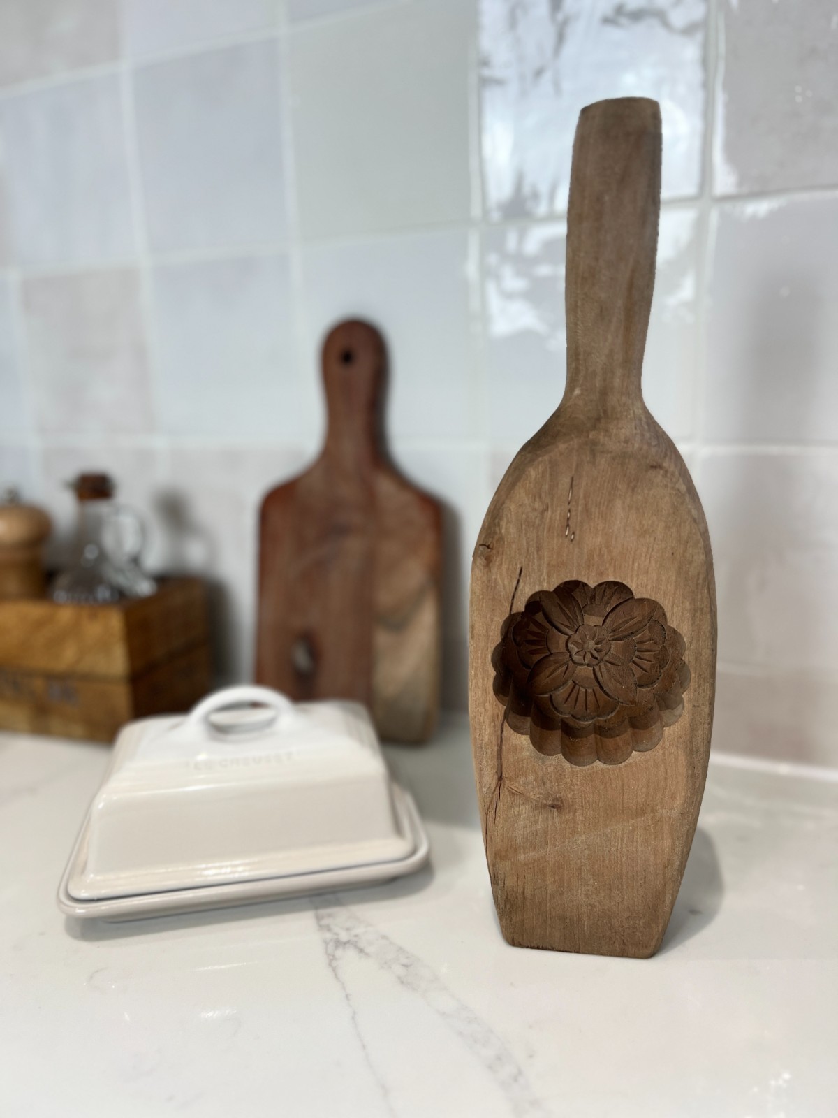 Vintage Wooden Butter Mould Carved Floral Paddle Rustic Kitchen Decor 33cm