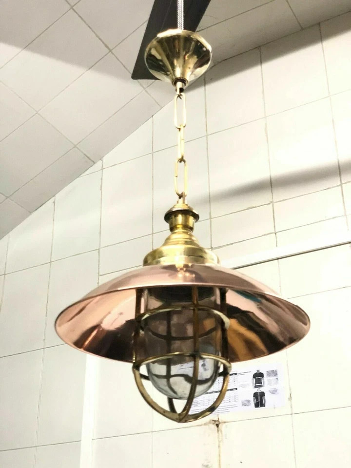 Nautical Passageway Bulkhead Brass Hanging New Cargo Light With Copper Shade