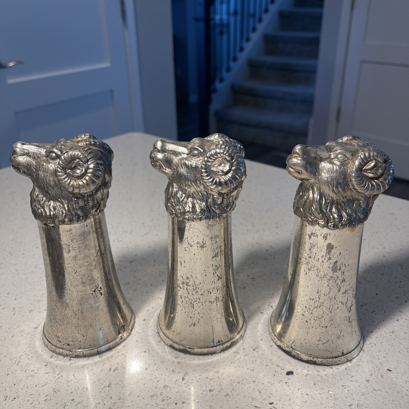 Vintage Silver Plated Rams Head Stirrup Cups 6” Set of 3 Beautiful and Unusual