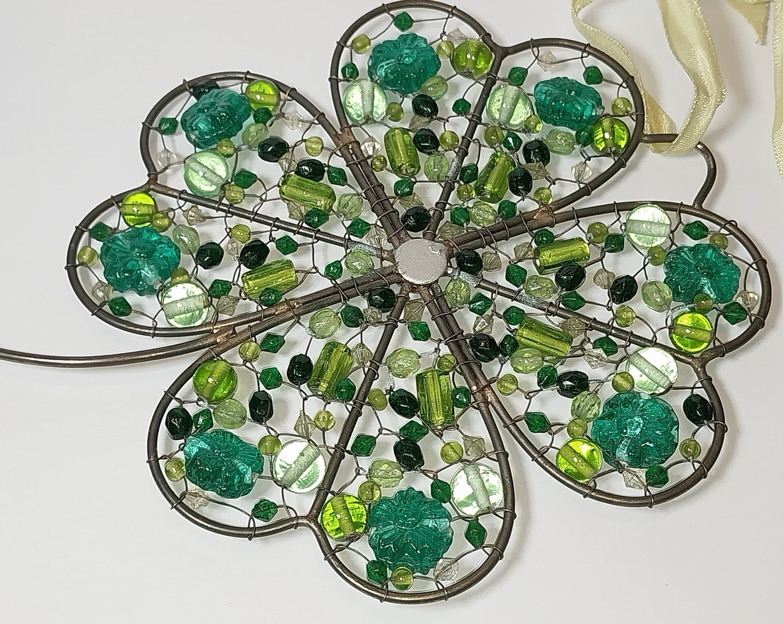 Hand Made Hanging Decorative Shamrock with Wired Beads 6 x 8