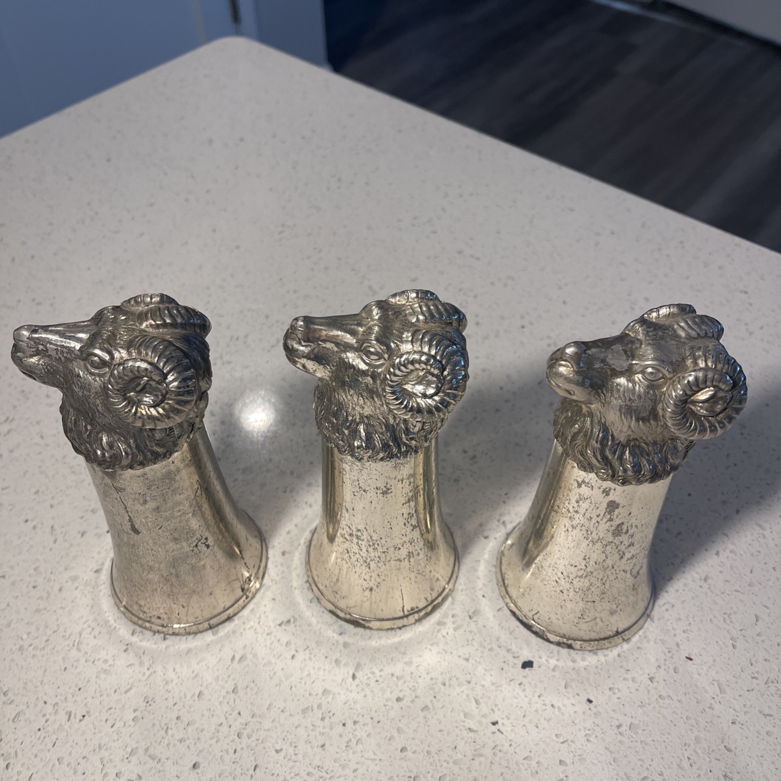 Vintage Silver Plated Rams Head Stirrup Cups 6” Set of 3 Beautiful and Unusual