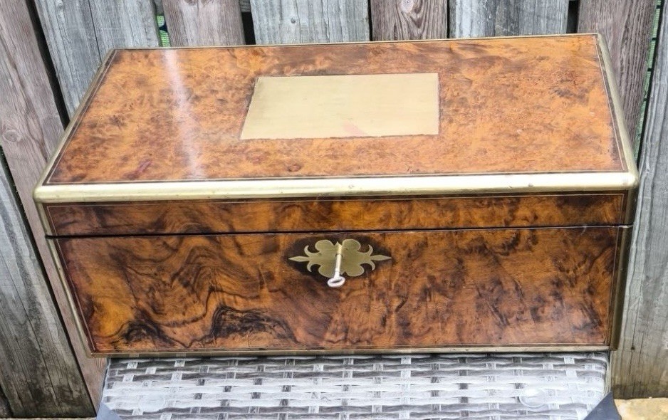 Antique Burr Walnut Writing Slope Brass Bound Desk Box With 2 Keys