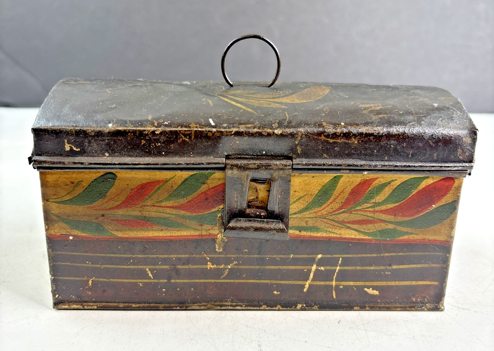 Antique 19th C Painted Tin Toleware Primitive Dome Top Box Patina AAFA Americana